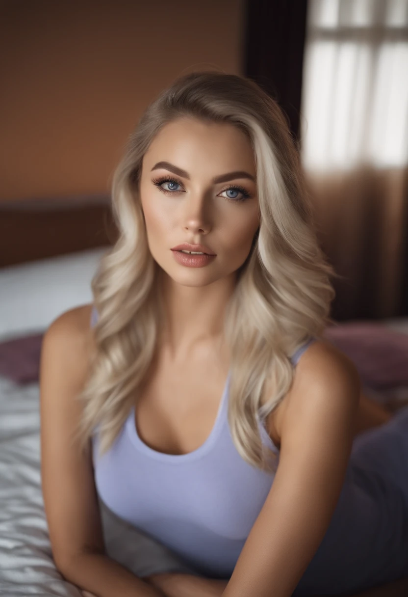 woman with matching tank top and panties, Sexy girl with blue eyes, portrait sophie mudd, portrait corinna kopf, blonde hair and large eyes, Selfie einer jungen Frau, Augen im Schlafzimmer, Violet Myers, ohne Make-up, Natural makeup, Blick direkt in die Kamera, Gesicht mit Artgram, dezentes Make-up, Stunning full body shot, im Schlafzimmer, Spaltung