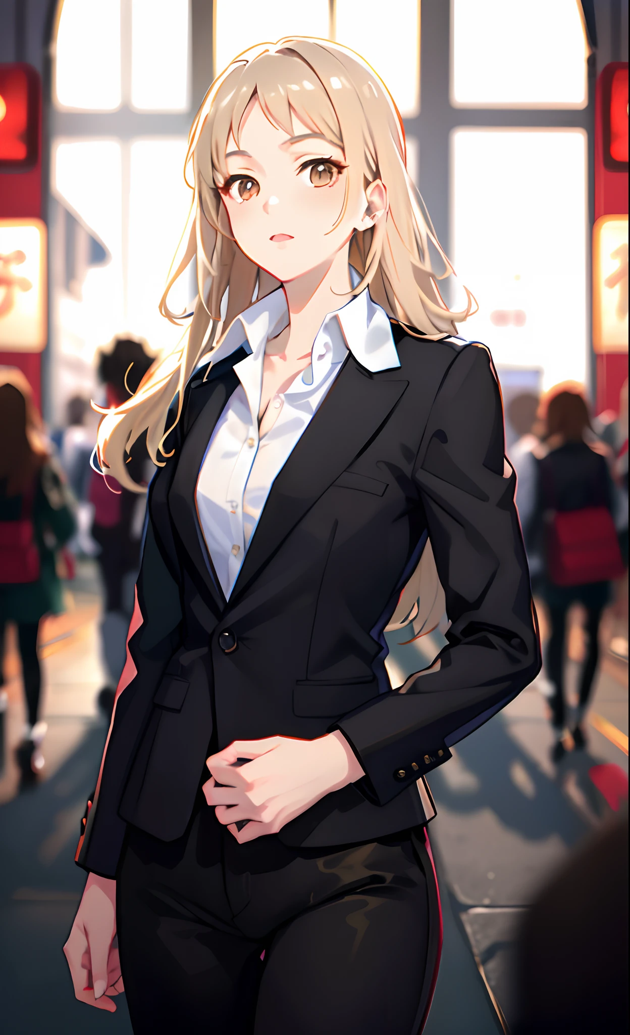 anime - style image of a woman in a business suit in a crowded area, girl in a suit, girl in suit, well - dressed, from girls frontline, in a strict suit, in strict suit, fine details. girls frontline, girls frontline style, blonde anime girl with long hair, digital anime illustration, painted in anime painter studio, at pixiv, dark brown eyes, black business pants, serious, 4k resolution