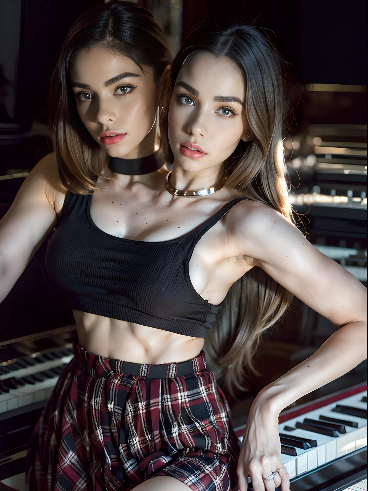 (Two Heads), blonde woman in black top and red plaid skirt posing by piano, ava max, wearing a cropped black tank top, wearing a black cropped tank top, perfect ombré haired girl, she is wearing a black tank top, inspired by Ion Andreescu, madison beer, irina nordsol kuzmina, red plaid skirt, profile image, wearing a sexy cropped top, profile pic, sexy face, cute freckles, small freckles, sexy face with makeup, detailed flawless face, conjoined