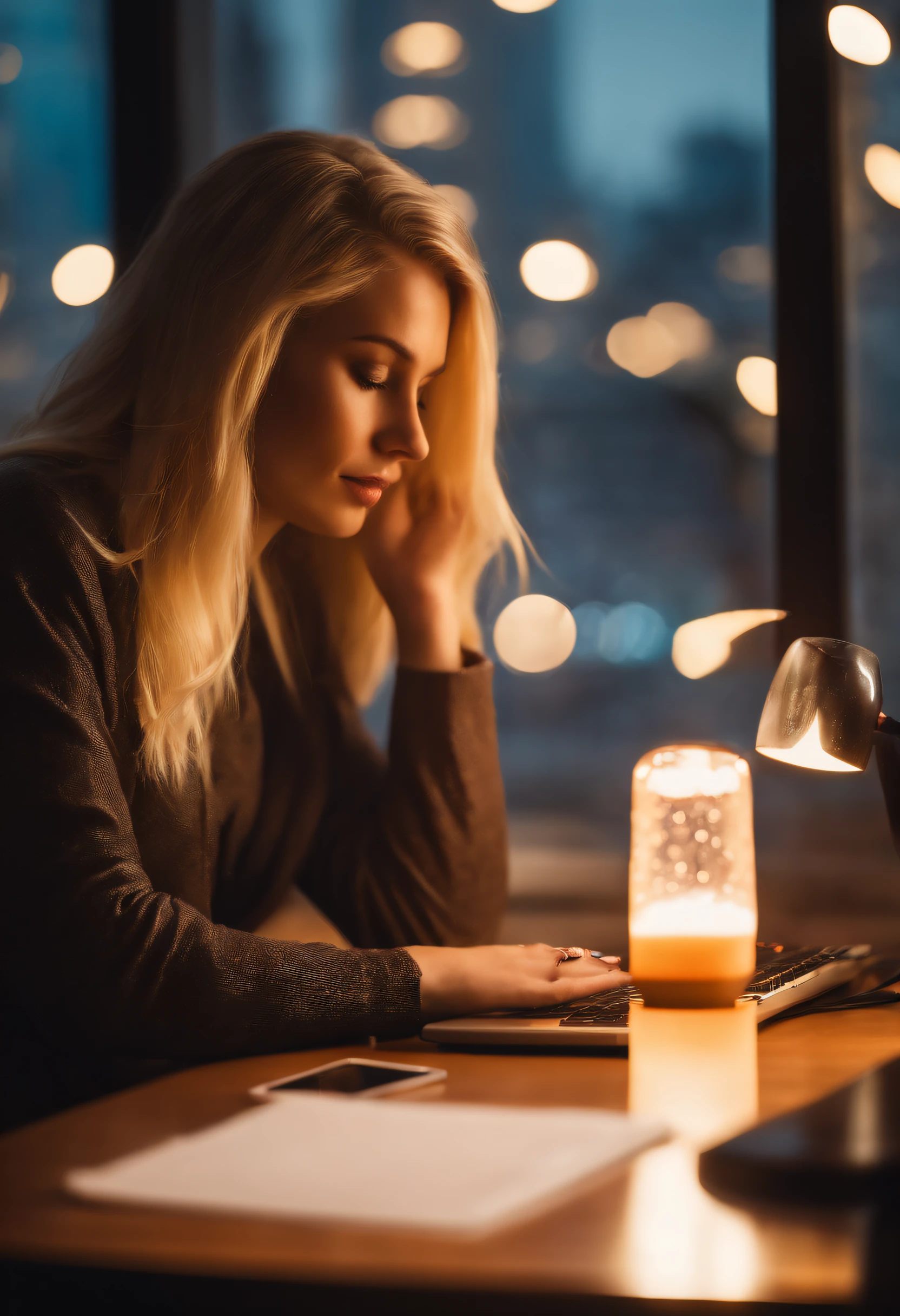 blonde white working on pc. cup of coffe and lava lamp on table. window with city background.