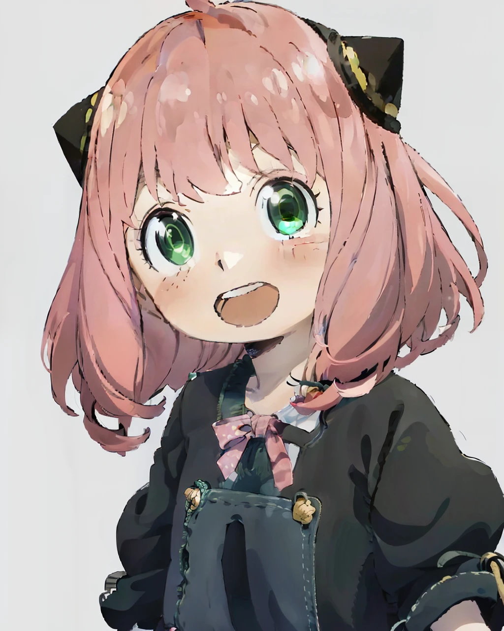 An anime girl with pink hair and green eyes with a surprised expression on her face and a black cat hat, (1girl:0.992), (:d:0.583), (bangs:0.701), (blush:0.584), (Green Eyes: 0.992), (Looking at the Audience: 0.711), (Open Mouth: 0.760), (Pink Hair: 0.917), (Ribbon: 0.826), (Short Hair: 0.571), (Smile: 0.855), (Solo: 0.949), (Teeth: 0.770), (Upper Body: 0.760)