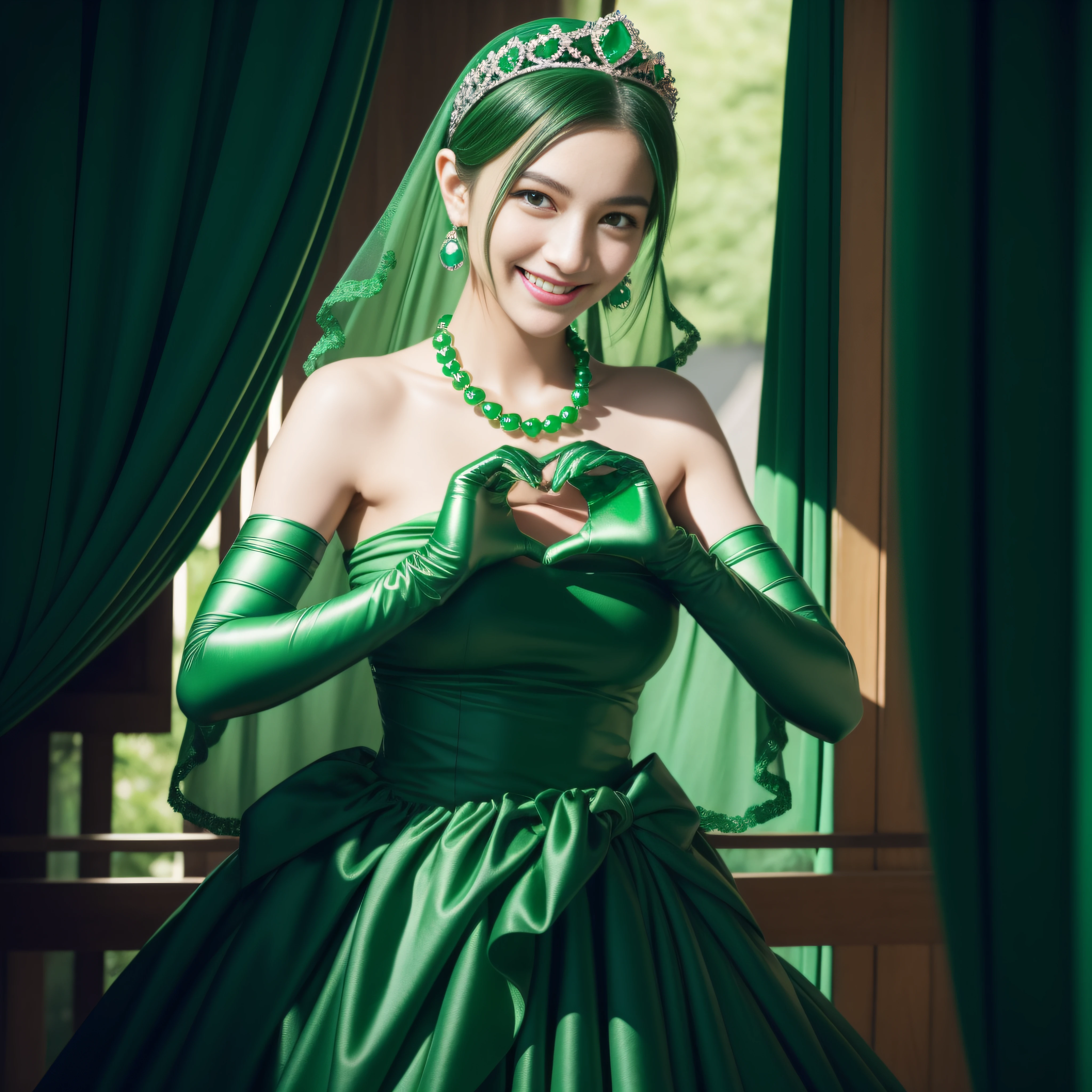 emerald tiara, Green Pearl Necklace, Boyish very short black hair, lipsticks, Japan woman smiling, very short short hair, big breasts beautiful, Green eyes, Long green gloves made of satin material, Green eyes, Emerald Earrings, green vale, Heart with both hands, A dark-haired
