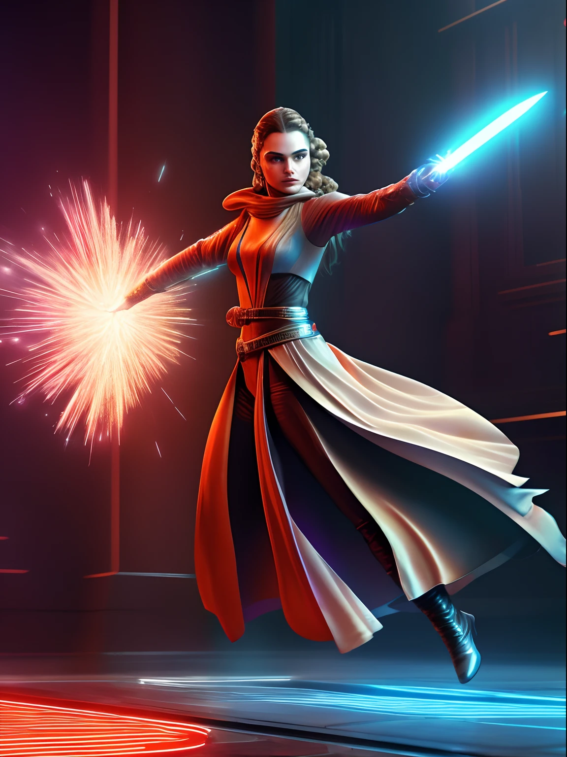 (masterpiece) Fast-paced action scene of Padme Amidala in the style shine rhinestone crystals, photorealistic scenes, detailed comic book arts, epic, rtx on, daz3d, animated illustrations, digital art techniques, intense full body, within a vibrant hologram.