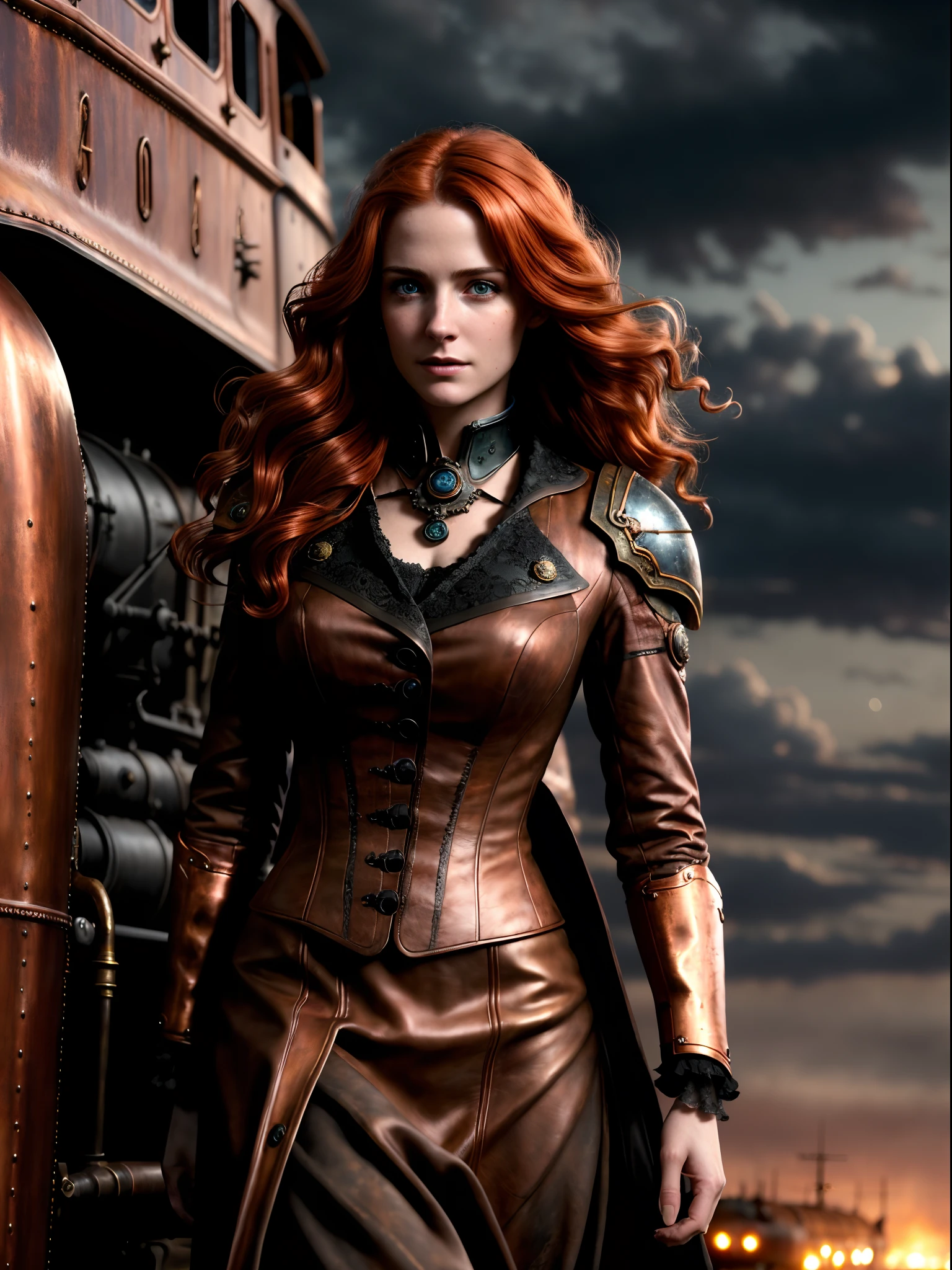 Masterpiece, Realistic, Photorealistic, Ultra Detailed, 8K, RAW photo, Depth of field, Realistic light, cinematic composition, Celestial landscape with clouds, nightfall, Depth of field, 35 mm, Soft steampunk aesthetic, Kate Walker, full-length portrait, Short Wind Skirt, Smudge contour, like a "siberia" A series of games, Cute sexy, pleasure, Depth of field, (focus: 1.2), Dark atmosphere, Cinematic lighting, Detailed face and skin texture, Slender Eyes, Copper Hair Color, Action Style, Faded colors, Steam locomotive in the background
