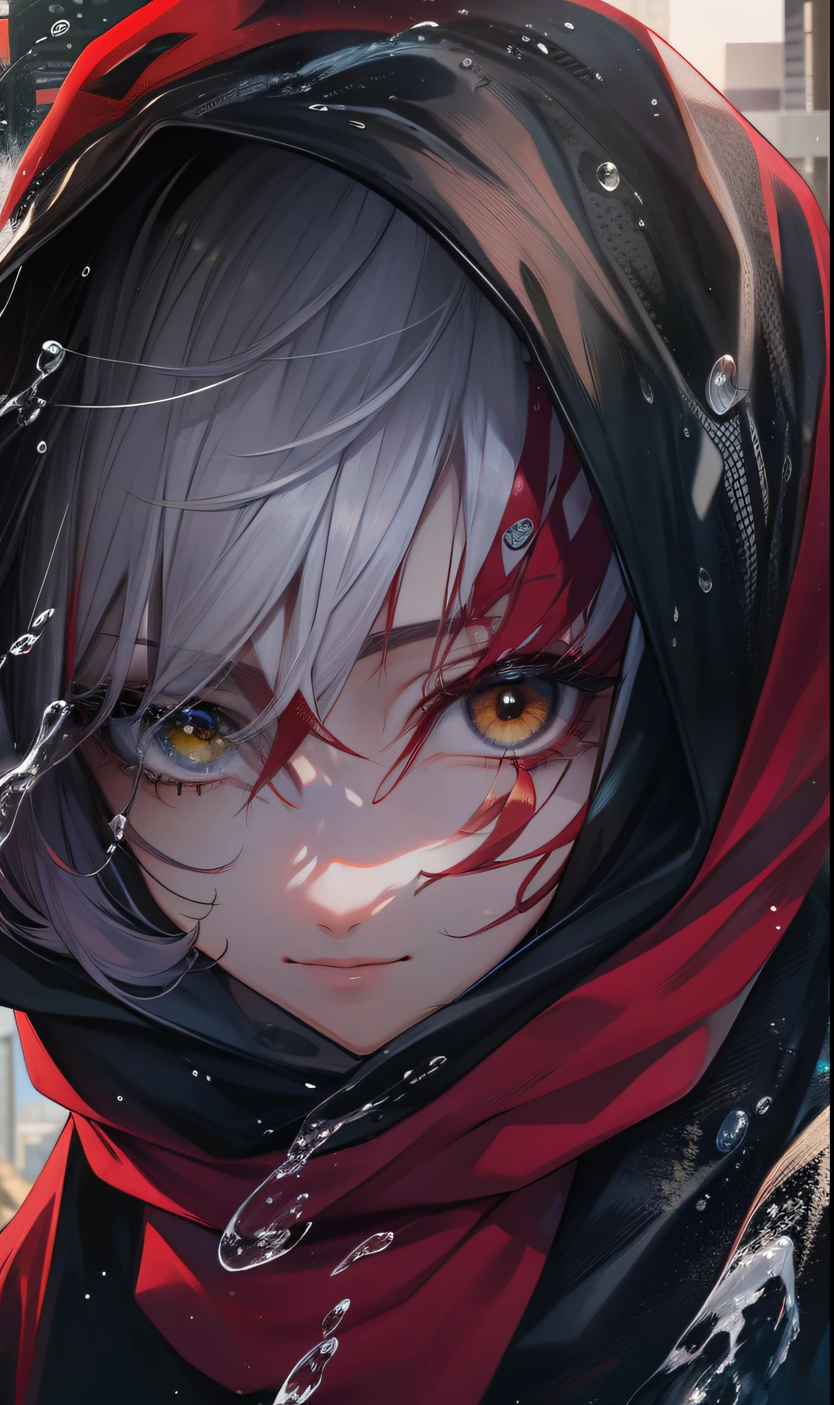 Meses, best quality, Mais detalhes, mastery, 1st grade, kaneki ken, retrato, "SASUKE COM AS GOGOUDAMAS" PODER EM VOLTA DE FOGO ESTILO (((PODER DO GATO FOTO E AGUA))) olhos vermelhos, sozinho, franja, Olhando para o Viewer, Hood, short hair, chuva, tokyo tokyo \(cidade\), Hijabi,Esmalte para unhas,cabelo whaite,luxo,8k,O detalhe,Traching de raias,profundidade de campos,cinemac lighting,