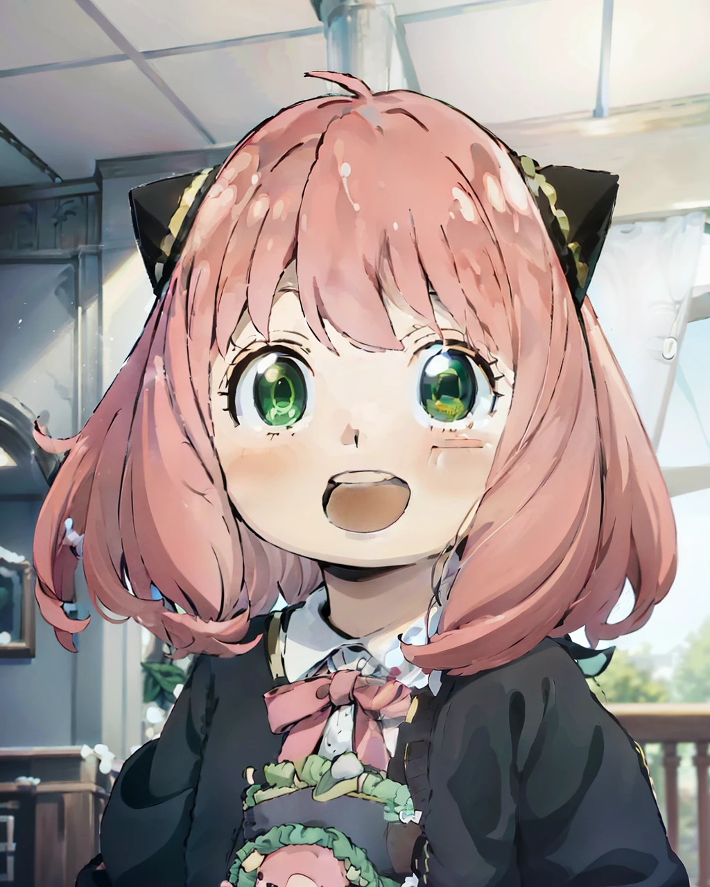 An anime girl with pink hair and green eyes with a surprised expression on her face and a black cat hat, (1girl:0.992), (:d:0.583), (bangs:0.701), (blush:0.584), (Green Eyes: 0.992), (Looking at the Audience: 0.711), (Open Mouth: 0.760), (Pink Hair: 0.917), (Ribbon: 0.826), (Short Hair: 0.571), (Smile: 0.855), (Solo: 0.949), (Teeth: 0.770), (Upper Body: 0.760)