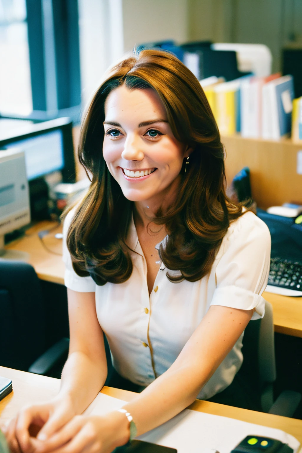Kodak disposable camera photo of a beautiful female, Kate Middleton look a like, smiling suggestively, sitting in an office