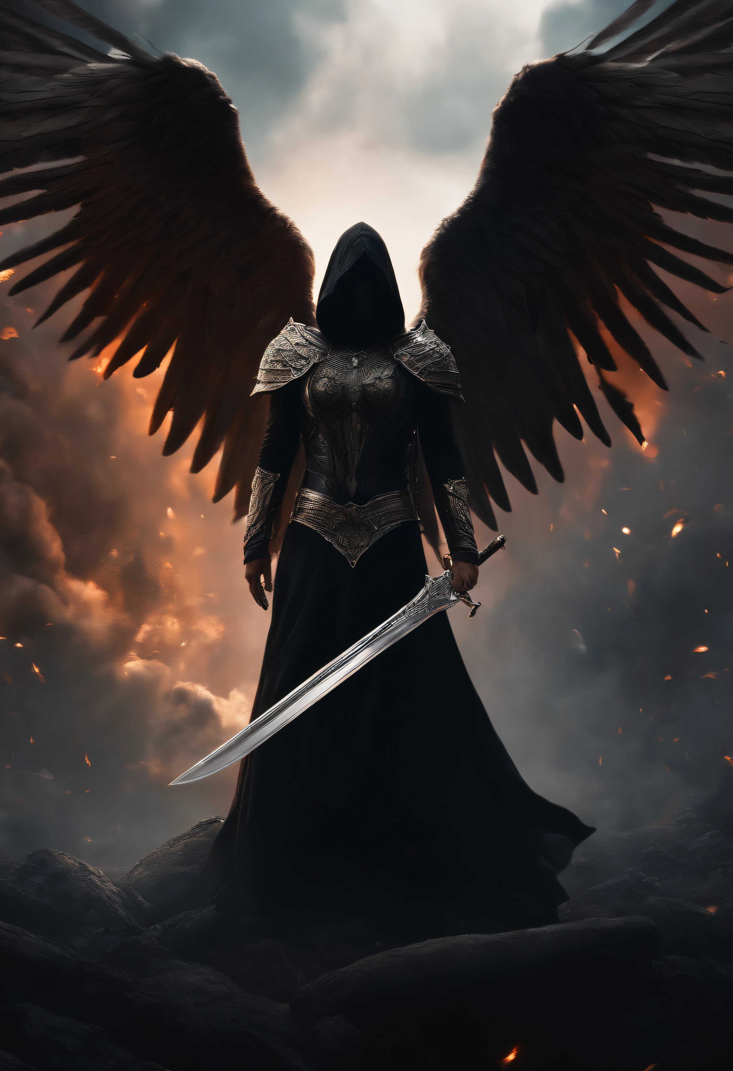Realistic, 4K, Angels with big wings, Black clothes, one sword, Head hood in war background image (chaos)