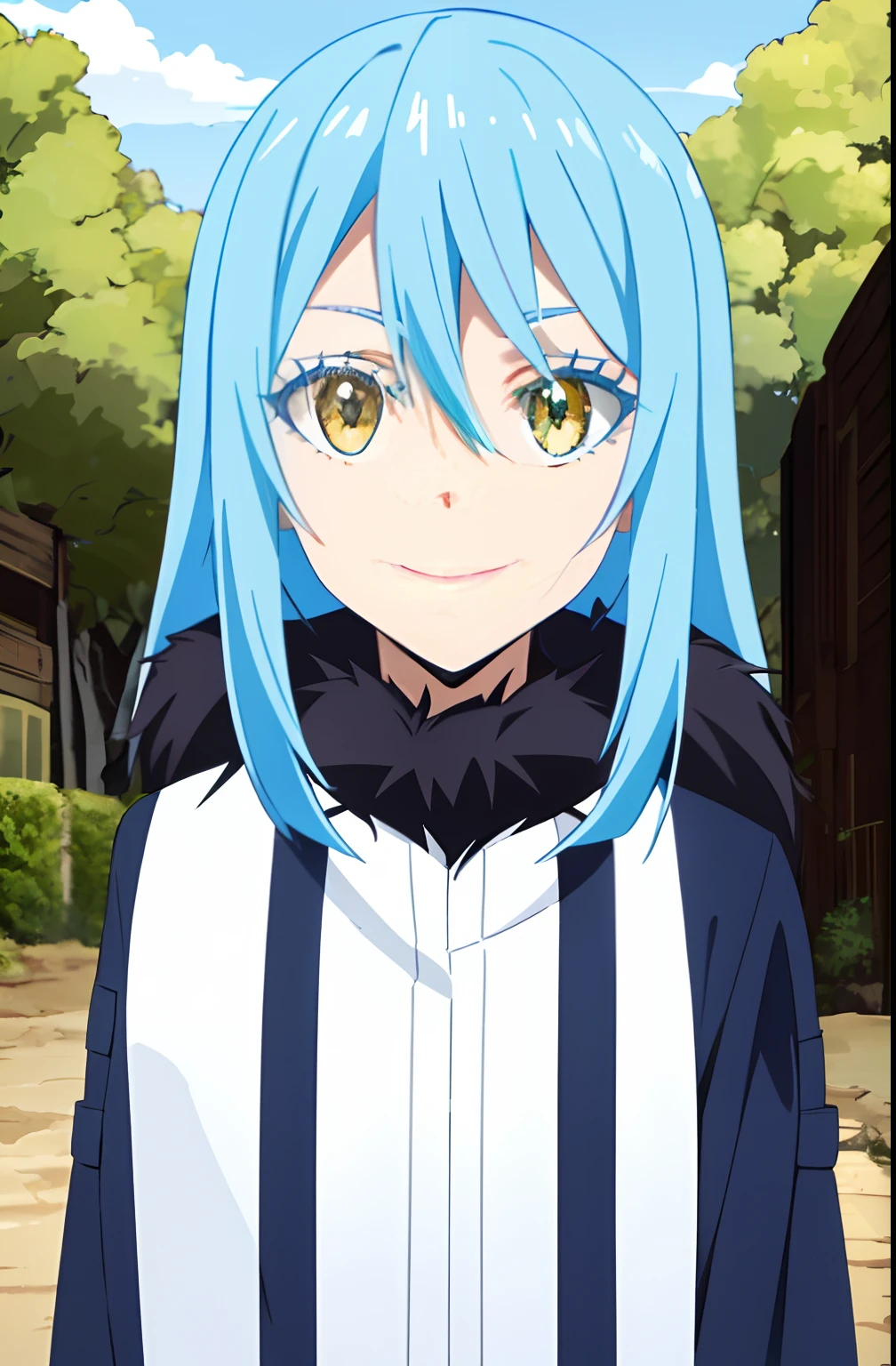 tensura, shirt, yellow eyes, blue hair, smile, long hair, 1other, hair between eyes, looking at viewer, bangs, solo, fur trim, closed mouth, androgynous, outdoors, colored eyelashes, shiny hair, ((masterpiece))