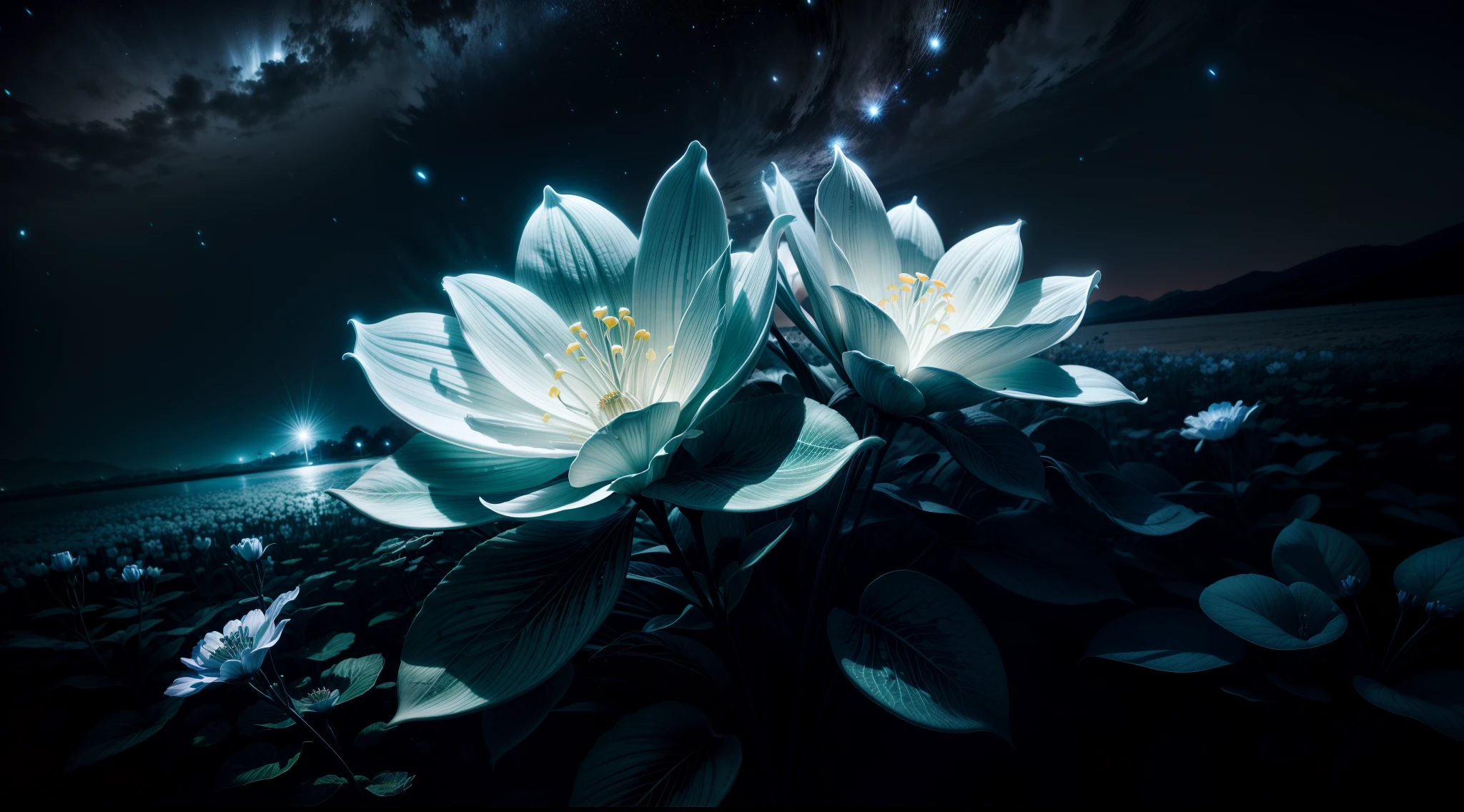 bioluminescence, white flowers, night, sky