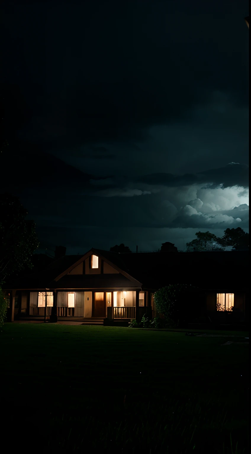 Scary home in the night at forest, rain, cloud