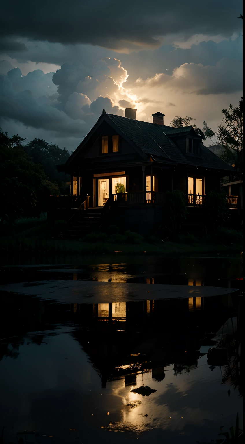 Scary home in the night at forest, rain, cloud