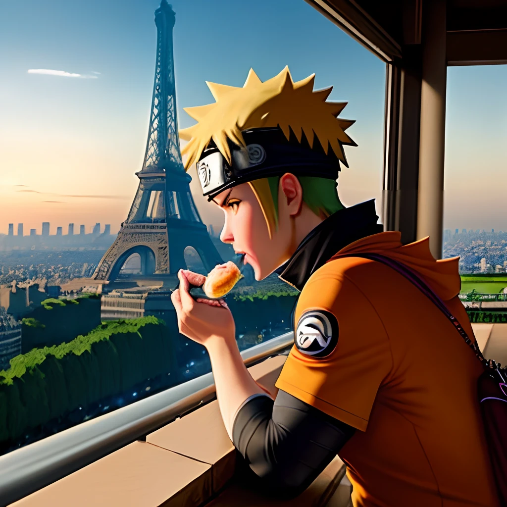 Desenhe o Naruto comendo uma espiga de milho deitado em uma rede na torre Eiffel