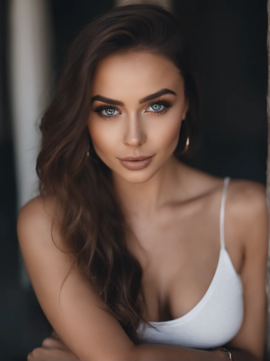 Femme Arafed en T-shirt blanc et collier, fille sexy aux yeux verts, Portrait Sophie Mudd, cheveux bruns et grands yeux, selfie of a young woman, Yeux de chambre, Violet Myers, pas de maquillage, maquillage naturel, looking straight at camera, Visage avec Artgram, maquillage fin, Superbe plan complet, piercing green eyes, Bel angle, pose attrayante, douce fille, sexy pose, Image pleine longueur, complet - corps, Prise de vue du corps entier, brunette goddess, High detail, Posture satisfaite, Pantalon en cuir