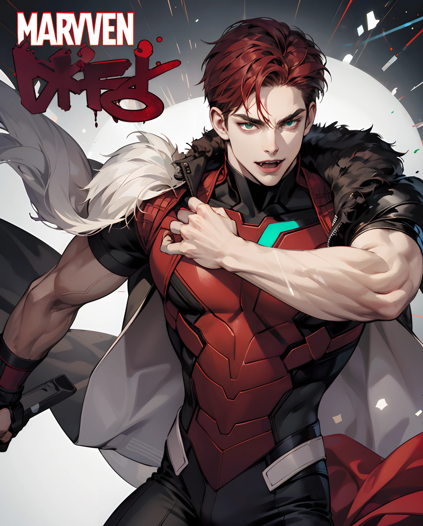 Marvel comic panel, male, dark red hair, fangs, good looking, adult, pale skin, one green eye, one brown eye, alt clothing