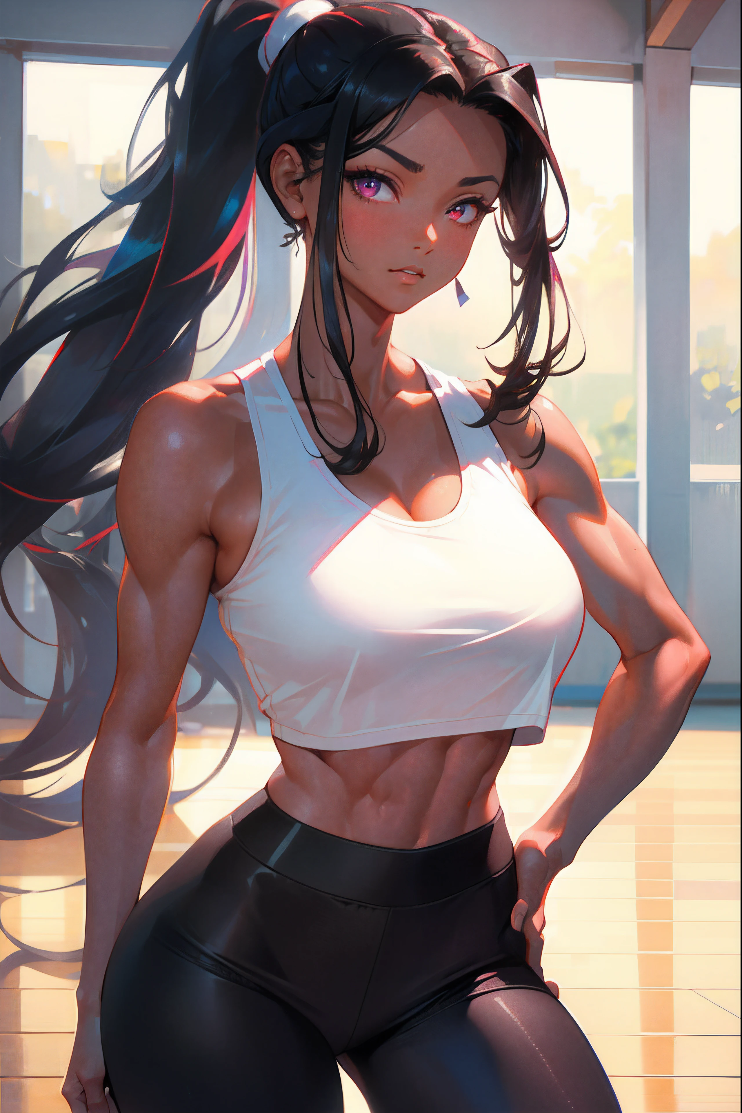 (best quality, highres, photorealistic:1.37), beautiful young woman, long black hair tied in high ponytail, parted bangs, large forehead, large reddish violet eyes, retro anime, old anime, tan, tan skin, muscular, fit, sports bra, black sports bra, black yoga pants, cleavage, tan skin, dark skin