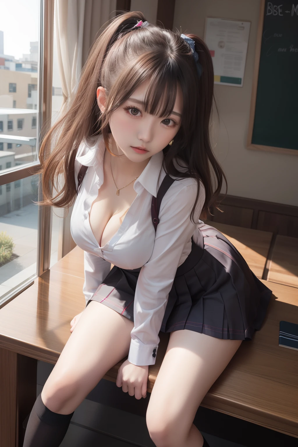 Long sleeves, Pleated skirt, School uniform, Shirt, Skirt, sleeves rolled up, White shirt, cleavage,