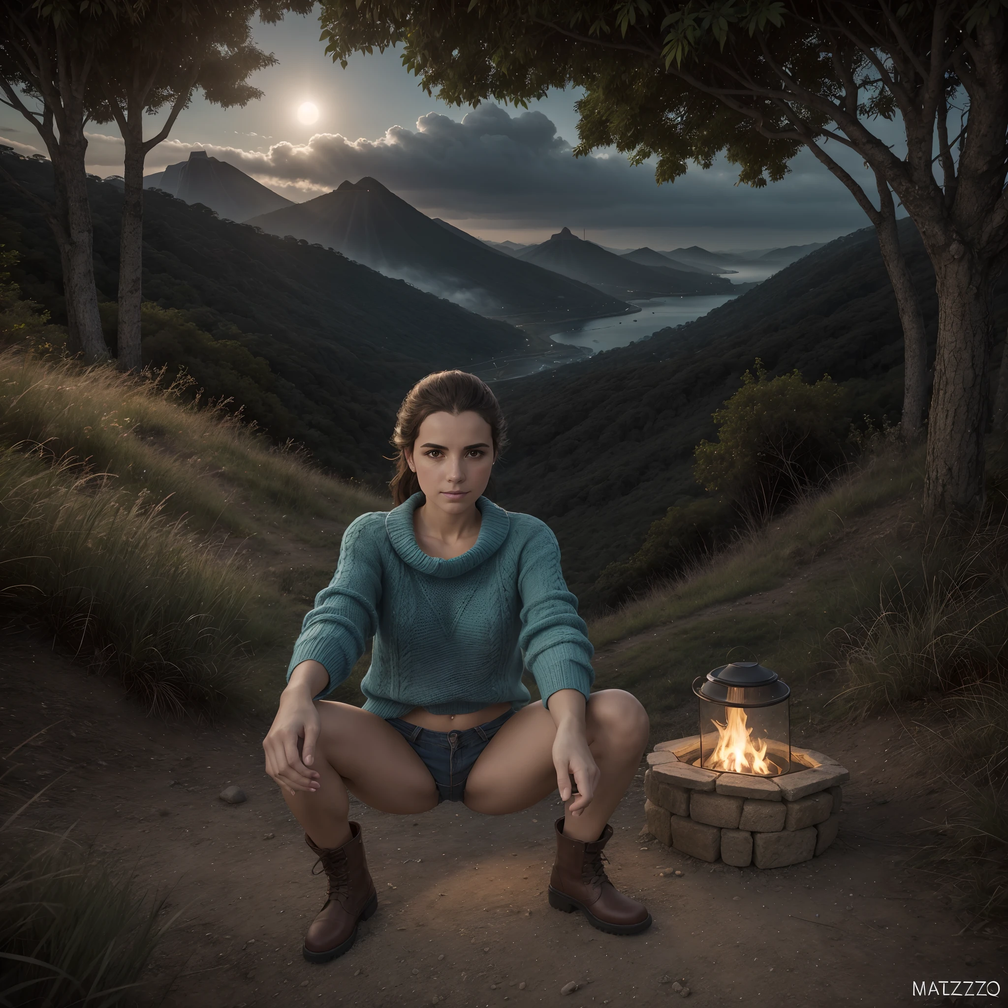 VeronicaCipher ((selfie de parte do corpo, Feliz)), obra-prima, melhor qualidade, Ultra Detalhado, sozinho, ao ar livre, (dia), montanhas, Natureza, (nuvens, piso,) Alegre, Feliz, mochila, Saco de dormir, camping stove, bottled water, botas de montanha, Curto curto, Luvas, pullover, kalap, lanterna, floresta, pedras, rio de janeiro, madeira, smoke billowing, Sombras, contraste, clear sky, analogue style (matiz quente, tom quente): 1.2), Close-up, cinematiclight, side-lighting, Ultra High Reflooring, melhor sombra, ........RAW, Wearing Pullover Kodak Vision 3.