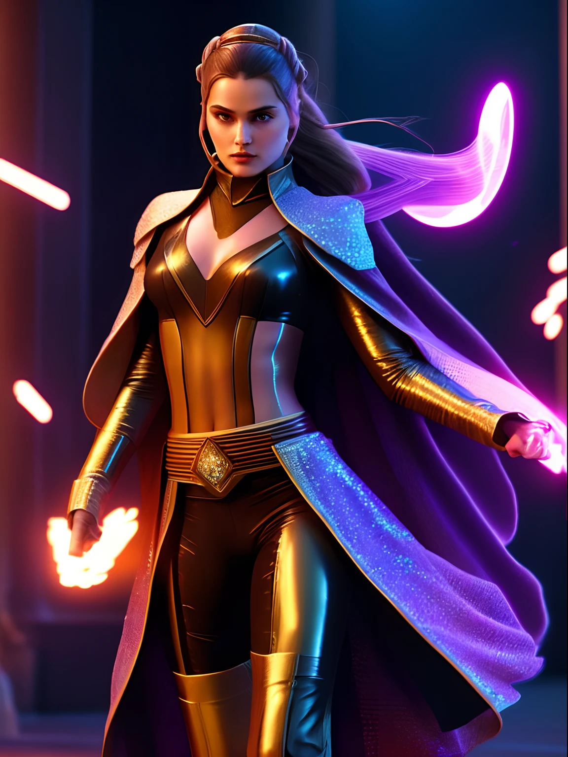 (masterpiece) Fast-paced action scene of Padme Amidala  in the style shine rhinestone crystals, photorealistic scenes, detailed comic book arts, epic, rtx on, daz3d, animated illustrations, digital art techniques, intense full body, within a vibrant hologram.
