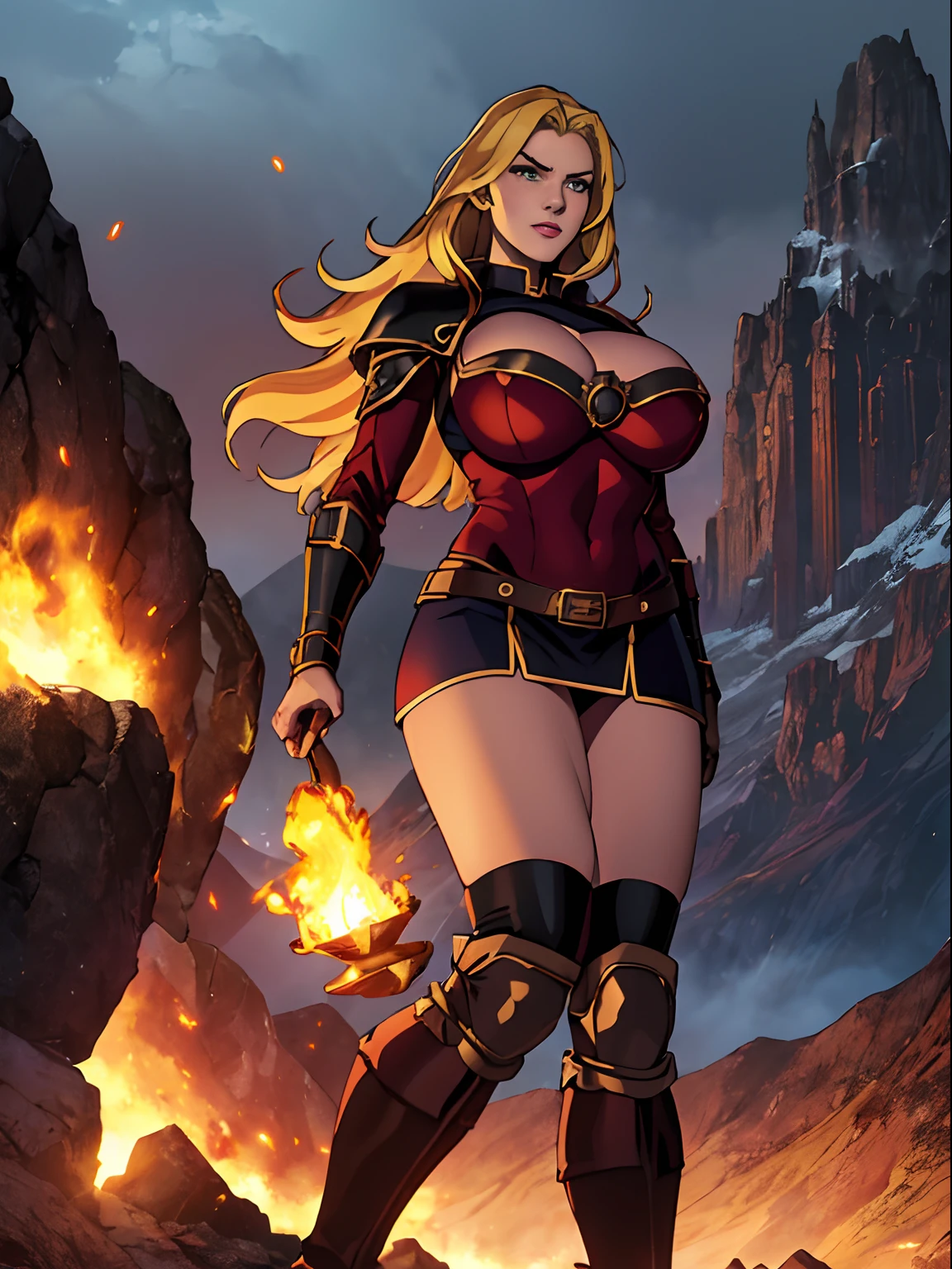 (masterpiece, top quality, best quality, official art, beautiful and aesthetic:1.2), (1girl:1.3), ((long blonde hair)), light freckles, fair skin, extremely detailed, portrait, looking at viewer, solo, (full body:0.6), detailed background, close up, (hot volcanic theme:1.1), fiery mage, charlatan, smirk, mysterious, fiery red hair, flaming hair, flames, casting spells in mountains, skimpy attire, steampunk copper armor, dark red cowl, (((breastplate))), boob armor, crop top, armored crop top, gorget, ((goggles on forehead)), fingerless gloves, loose sleeves, greaves, thigh-high long boots, black skirts, long skirts, tattered skirts, red and black fabric, dark leather, ((((gigantic breasts)))), slim waist, slim hips, long legs, medieval (mountain exterior:1.1) background, dark mysterious lighting, shadows, magical atmosphere, dutch angle,