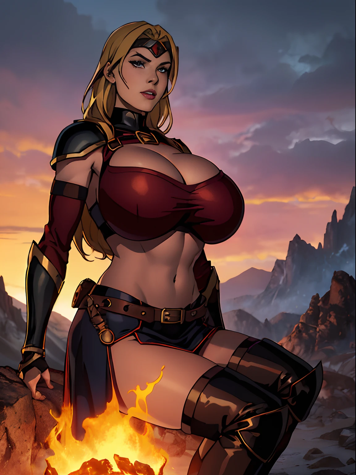 (masterpiece, top quality, best quality, official art, beautiful and aesthetic:1.2), (1girl:1.3), ((long blonde hair)), light freckles, fair skin, extremely detailed, portrait, looking at viewer, solo, (full body:0.6), detailed background, close up, (hot volcanic theme:1.1), fiery mage, charlatan, smirk, mysterious, fiery red hair, flaming hair, flames, casting spells in mountains, skimpy attire, steampunk copper armor, dark red cowl, (((breastplate))), boob armor, crop top, armored crop top, gorget, ((goggles on forehead)), fingerless gloves, loose sleeves, greaves, thigh-high long boots, black skirts, long skirts, tattered skirts, red and black fabric, dark leather, ((((gigantic breasts)))), slim waist, slim hips, long legs, medieval (mountain exterior:1.1) background, dark mysterious lighting, shadows, magical atmosphere, dutch angle,