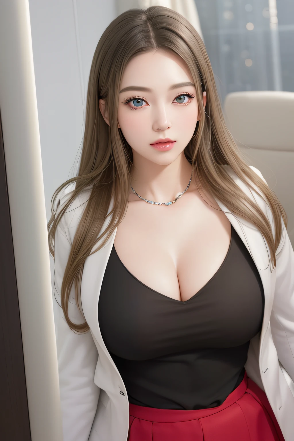 Beautiful big breasts, (bokeh), indoors, detailed luxury living room, gentle and charming beautiful goddess, Korean(kpop-idol), solo, smooth skin, necklace, (grey hair, blue eyes), oval face, double eyelids, smart, good hands, good feet, Natural, (from below angle), (glossy skin:1.05), ((low angle)), Perfect figure, (64k, UHD, RAW photo, best quality, masterpiece:1.4), (realistic, photo-realistic:1.37), ultra high res, photon mapping, radiosity, physically-based rendering, professional soft lighting