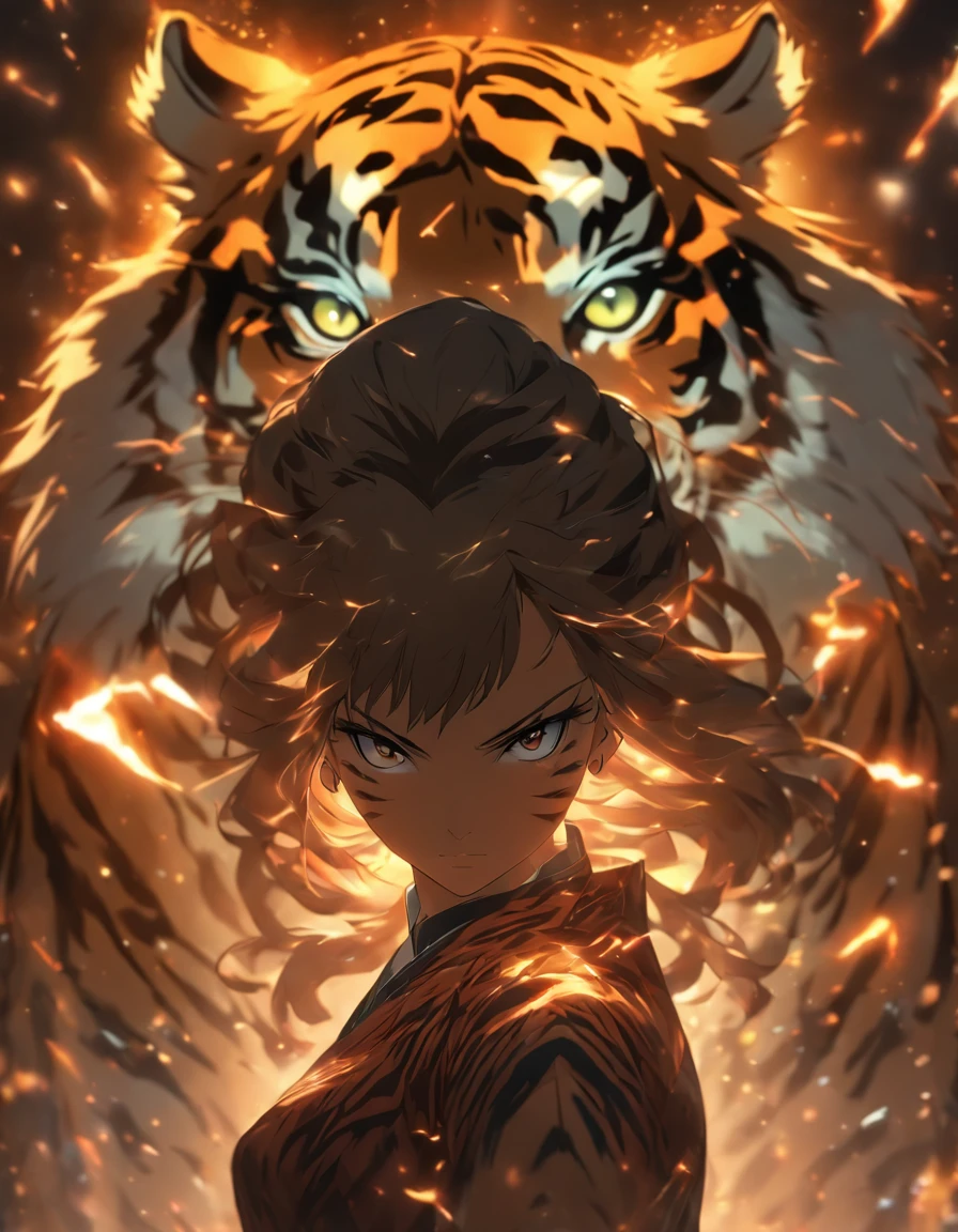 and elegant girl stand in front of a proud tiger, with lighting crashing down from above, in the style of Gongbi, epic black and black backdrops, photo-realistic