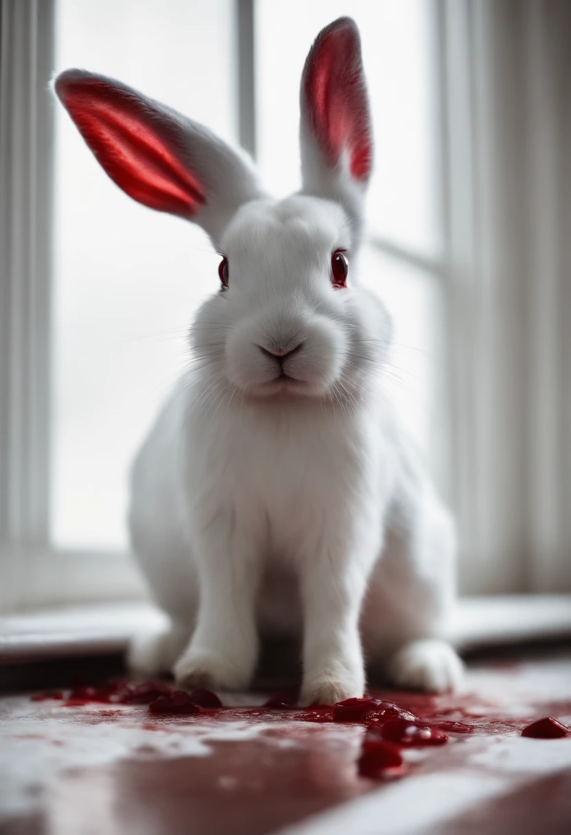 Blood stained, bunny stuffy, white room, blood on fkoor