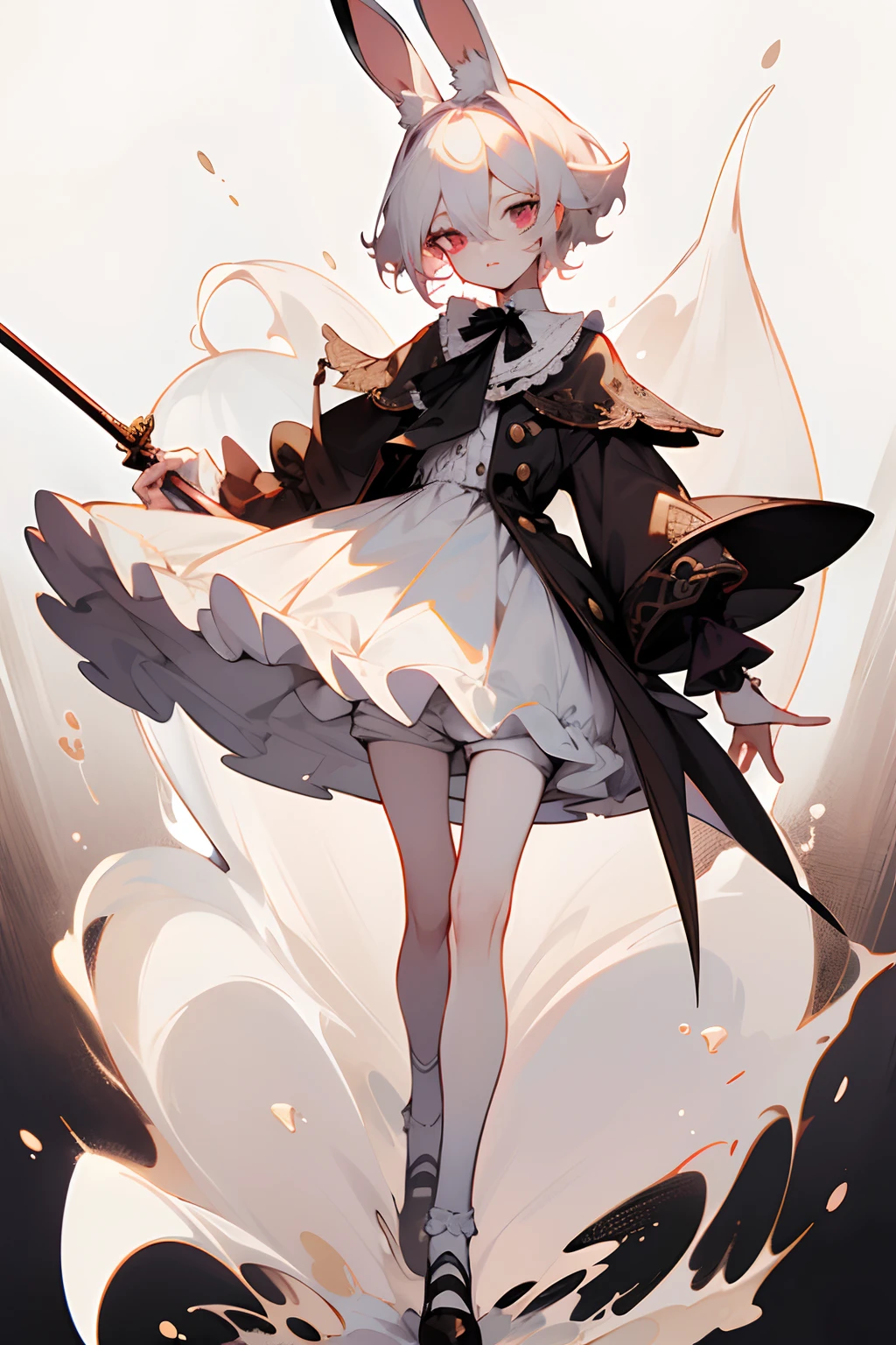 Masterpiece, perfect face, best quality, highest quality, 1boy, male character, short hair, male, anime boy, white hair, red eyes, chin length hair, creepy, yami kawaii, bunny ears, white lace shirt, Peter Pan collar, white skin, bow around neck, detailed lace, original character, detailed design, unique design, many accessories, eyebags, under eye bags, under eye lashes, twink, skinny, full body drawing, commission, adoptable, white outfit, full-body, no background, creepy cute, wearing shorts, wearing coat, short coat, all white outfit, male character, anime boy, white background, empty background, full body, rose gold cuffs, loose ruffled shirt, dark eyes, slim hands, one character, pumps, holding cane, bunny ears, rabbit ears, pure white outfit, pure white skin, unnaturally white skin, white skin colour, albino, shorts, wearing loose shorts, shota, young man, lovelyboy, big bow on back, fluffy hair, ruffled socks, slim legs, splash art, gacha splash, pure white skin, shoulder length hair, fluffy hair, 4K, HD, perfect drawing, short shorts, victorian, whimsical, blood, horror, cute, warm colors, skinny legs, dynamic pose, smug, rose gold badge on coat