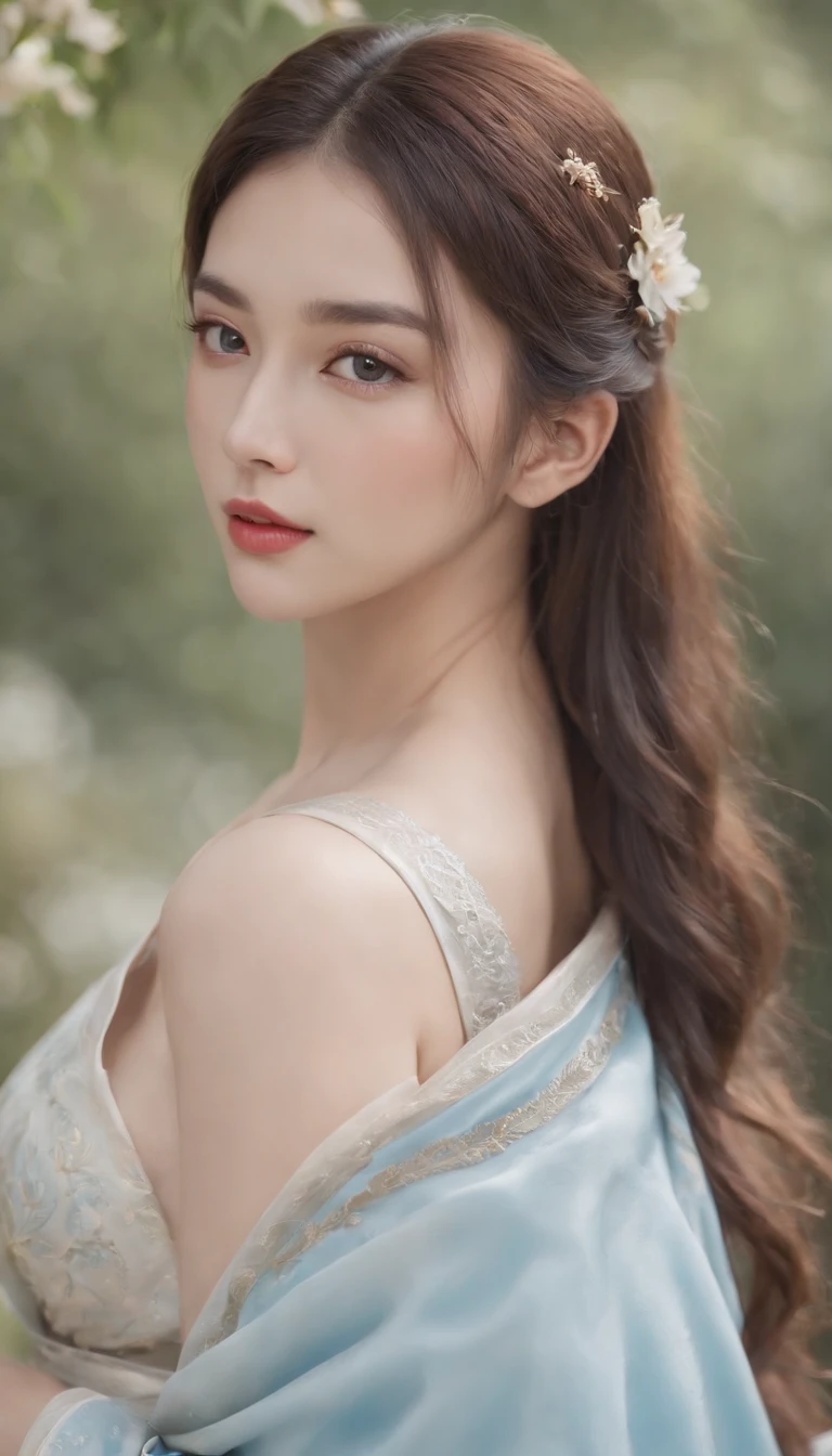 1 beautiful and cute reality show girl, Gentle young girl, Waist length hair, cabelos preto e longos,Slightly blue, Light blue eyes, wearing a long, Thin, a blue dress,Hanfu style, ((a blue dress,White lace border covers the girl's:0.8)), Style Hanfu, Wearing an ancient Chinese silk shirt, Pink and smooth white skin, Dressed in a low-key antique Oday, appears shoulders and head in the photo,Cute little face, Eye bags under wet makeup, Plump red lips, Pout, ((Closed mouth:1.0)), Balance incisors, Embarrassed, Small face makeup explained,Tremendously beautiful, Breasts are super round and firm, Breasts are plump,A plump chest, Blum chest cabinet, ((Cover the girl's chest with a camisole inside:1.2)), Blush, From the front side, Wear earrings, choker necklace, From above, view the viewer, Upturned eyes, Masterpiece, Top quality, Best quality, offcial art, Unity 8k wallpaper, A high resolution, Ultra-high RES, Ultra-detailed, (Photorealistic:1.2), Alone, Solo, only 1girl, Style Hanfu Dunhuang, 10x pixel, Super realistic, Ultra high quality, Full body view of girl, Seven-doppelganger shot,