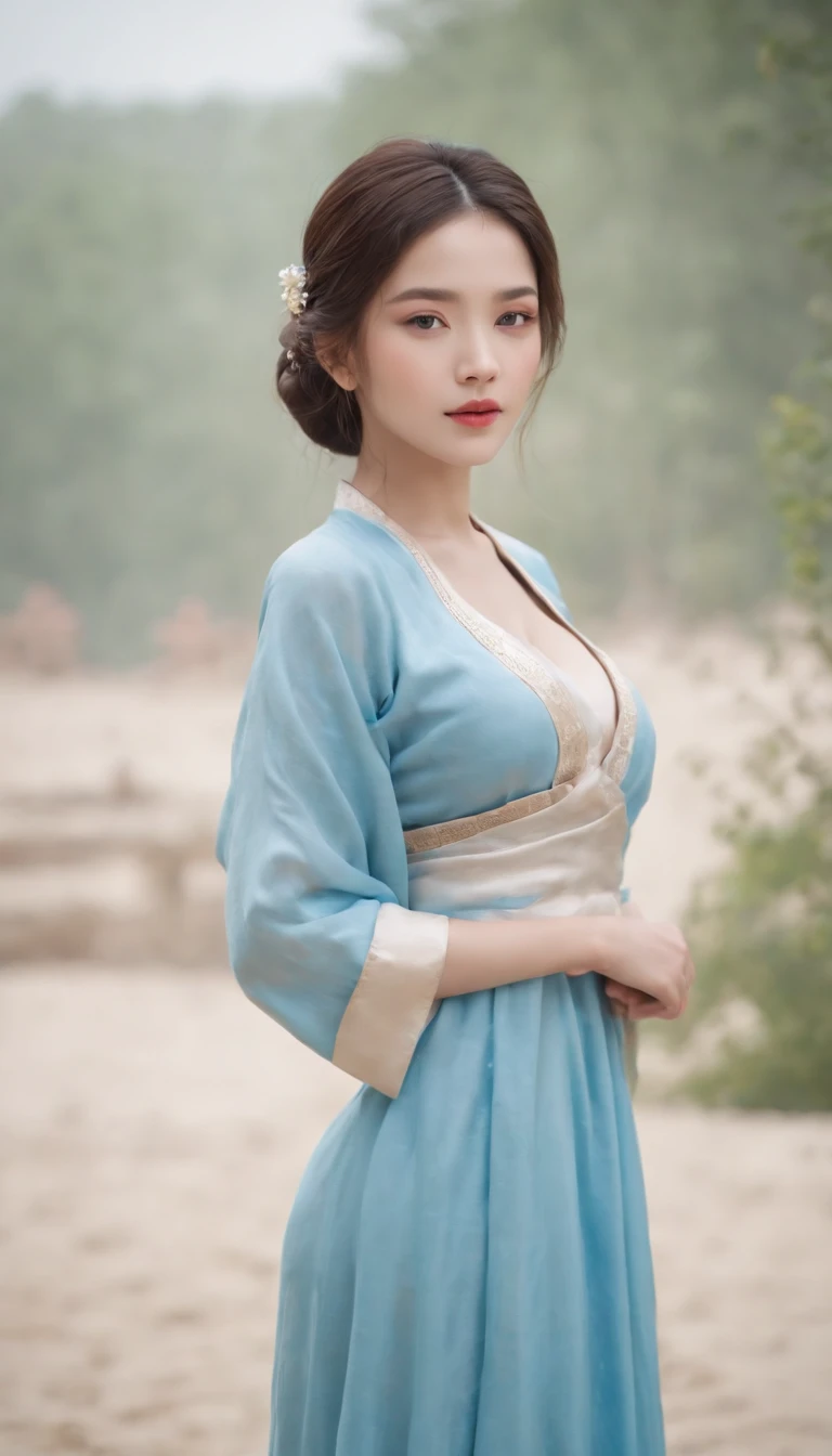 1 beautiful and cute reality show girl, Gentle young girl, Waist length hair, cabelos preto e longos,Slightly blue, Light blue eyes, wearing a long, Thin, a blue dress,Hanfu style, ((a blue dress,White lace border covers the girl's:0.8)), Style Hanfu, Wearing an ancient Chinese silk shirt, Pink and smooth white skin, Dressed in a low-key antique Oday, appears shoulders and head in the photo,Cute little face, Eye bags under wet makeup, Plump red lips, Pout, ((Closed mouth:1.0)), Balance incisors, Embarrassed, Small face makeup explained,Tremendously beautiful, Breasts are super round and firm, Breasts are plump,A plump chest, Blum chest cabinet, ((Cover the girl's chest with a camisole inside:1.2)), Blush, From the front side, Wear earrings, choker necklace, From above, view the viewer, Upturned eyes, Masterpiece, Top quality, Best quality, offcial art, Unity 8k wallpaper, A high resolution, Ultra-high RES, Ultra-detailed, (Photorealistic:1.2), Alone, Solo, only 1girl, Style Hanfu Dunhuang, 10x pixel, Super realistic, Ultra high quality, Full body view of girl, Seven-doppelganger shot,