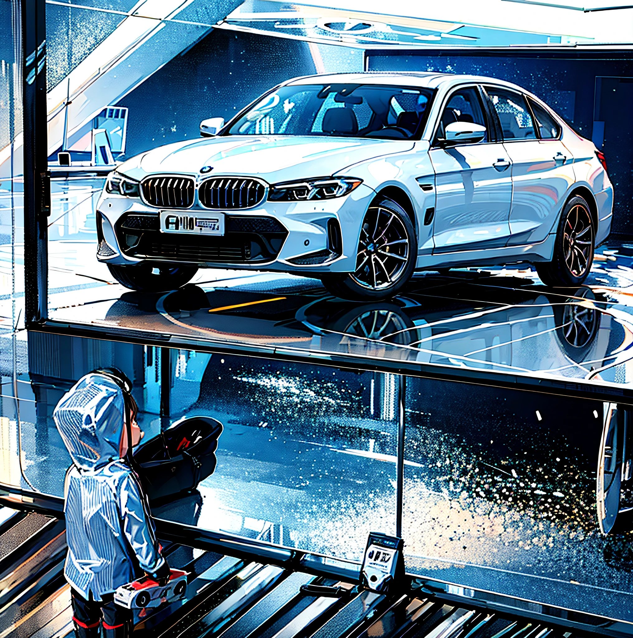 A child in a white raincoat looks at the new BMW 320 in a shop window，Toy car in hand，8K，4K