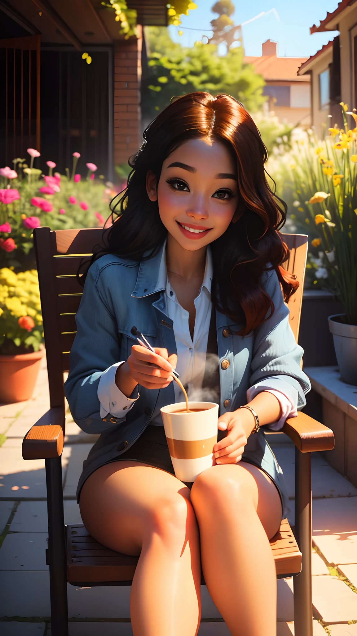 (a cute girl spy:1.1), coffee-sipping, sitting comfortably in a chair, surrounded by the vibrant colors of a garden (best quality:1.2, highres), enjoying the gentle morning breeze. The sun begins to rise, casting a warm glow on her face, as she starts her day with a peaceful "good morning". Her eyes sparkle with excitement, and her lips curve into a mischievous smile, ready for the adventures that await her.