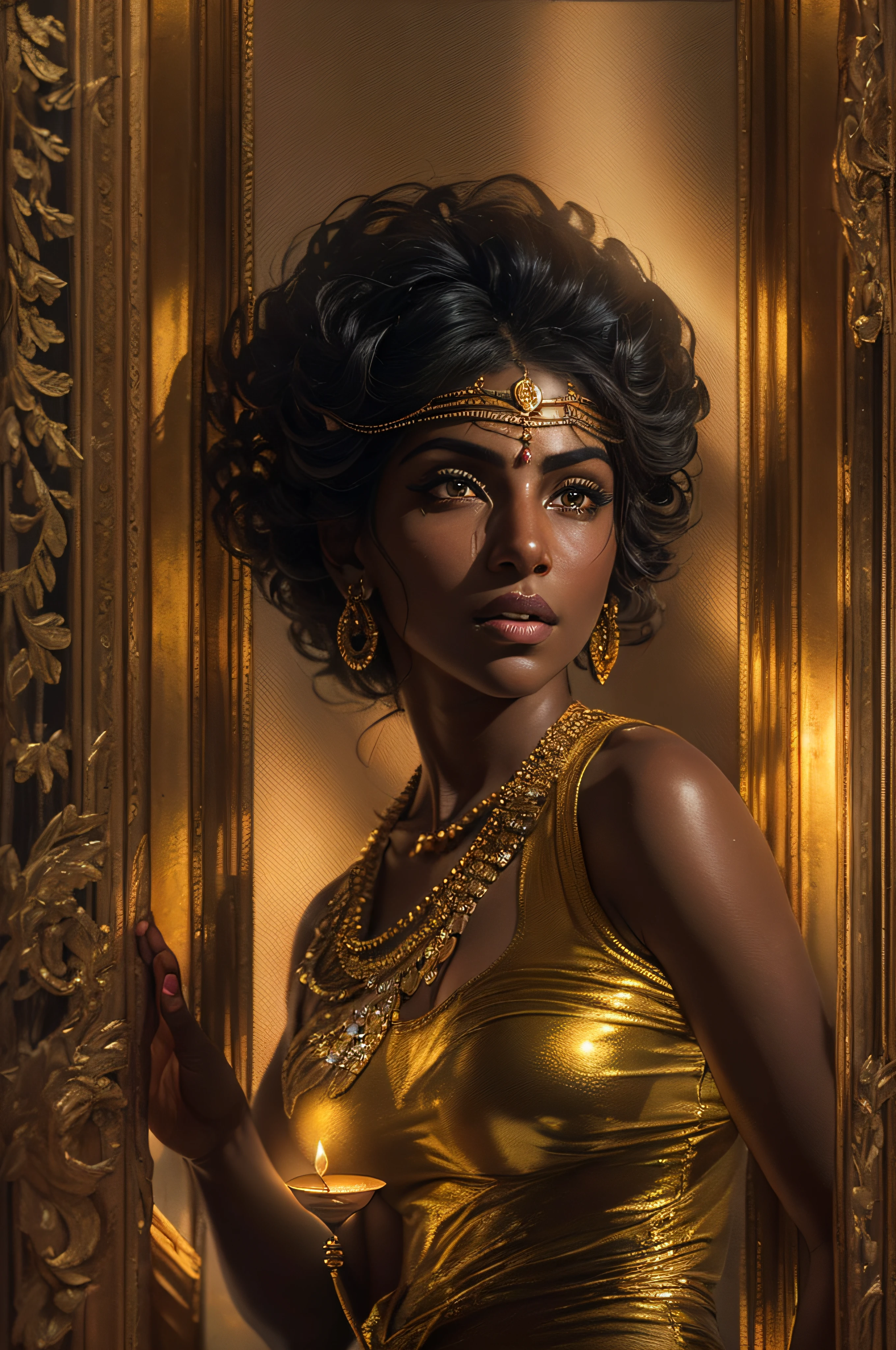 Generate a full body image focusing on the golden mask gently resting on Cleopatra's serene face, a look-alike of Priyanka Chopra, a golden tint, mode of golden powder, on her skin al over her body, illuminated by the soft candlelight in her opulent room., spread legs photorealism, cinematography, looking at the camera, ((Isolation:1.1 ), (Glaze :1.1), (Reflected light:1.2), Glass, Polygon, extremely detailed, intricate, oil on canvas, dry brush, (surrealism:1.1), (disturbing:1.1), (((((to the looking at camera)) )), full shot, (((dark skin))), ((dark theme)), ((VFX))PhotoRealCinematic4768 x 512px