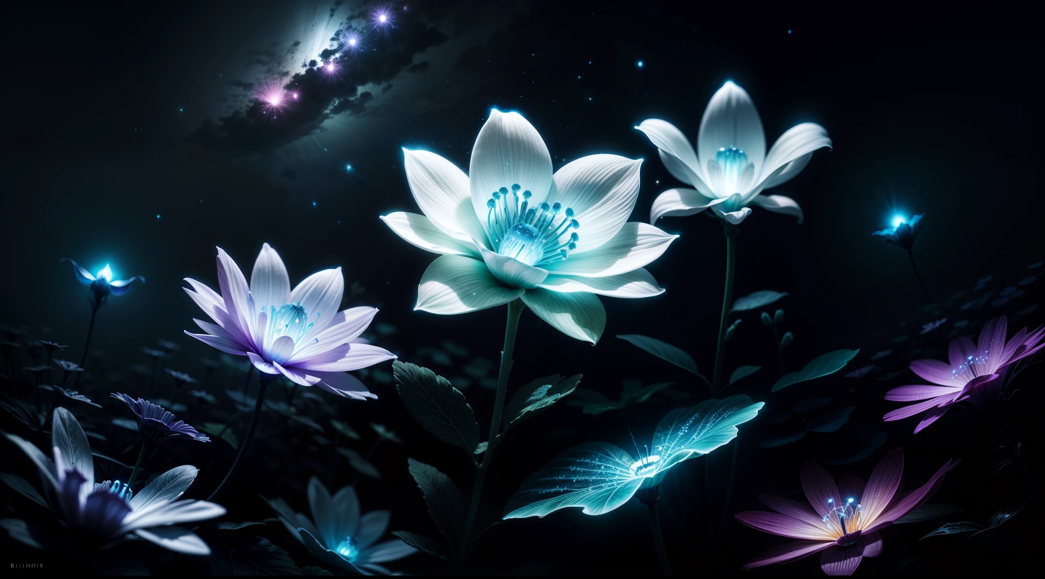 bioluminescence, white flowers, night, sky, fireflies