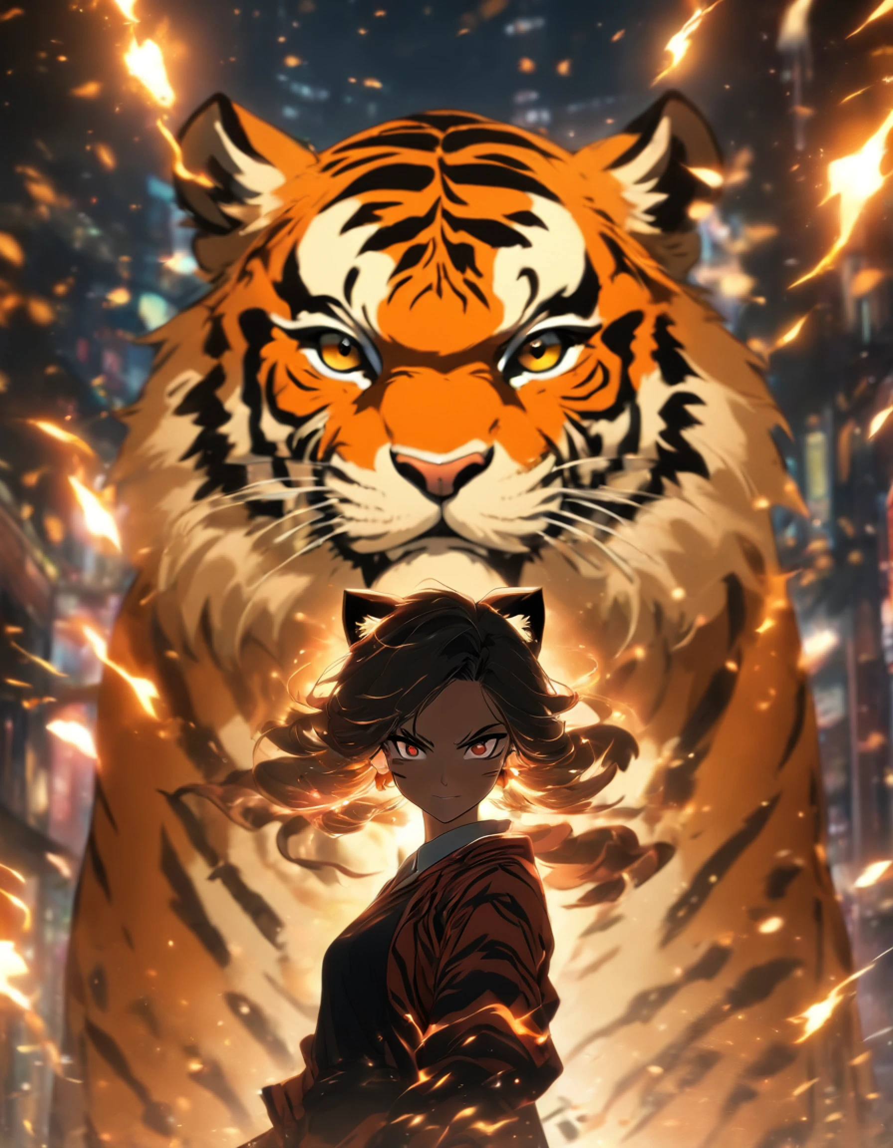 and elegant girl stand in front of a proud tiger, with lighting crashing down from above, in the style of Gongbi, epic black and black backdrops, photo-realistic