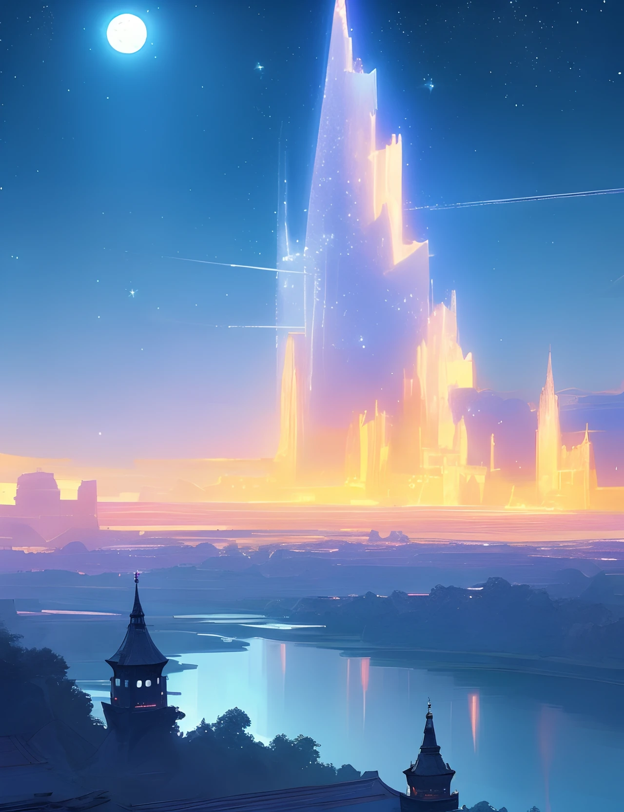the met、Painting of a river with stars and moon in the sky、the met、Skyscrapers、Concept art inspired by Mitsuoki Tosa、pixiv contest winners、top-quality、Fantasyart、beautiful anime scene、Bright moon、Moonlit star environment、Dream painting、Anime Background Art、Fantasy landscape art、fantasy knight、anime backgrounds、background artwork、Fantastic art、atmospheric anime、starrysky、Detail has been enhanced。