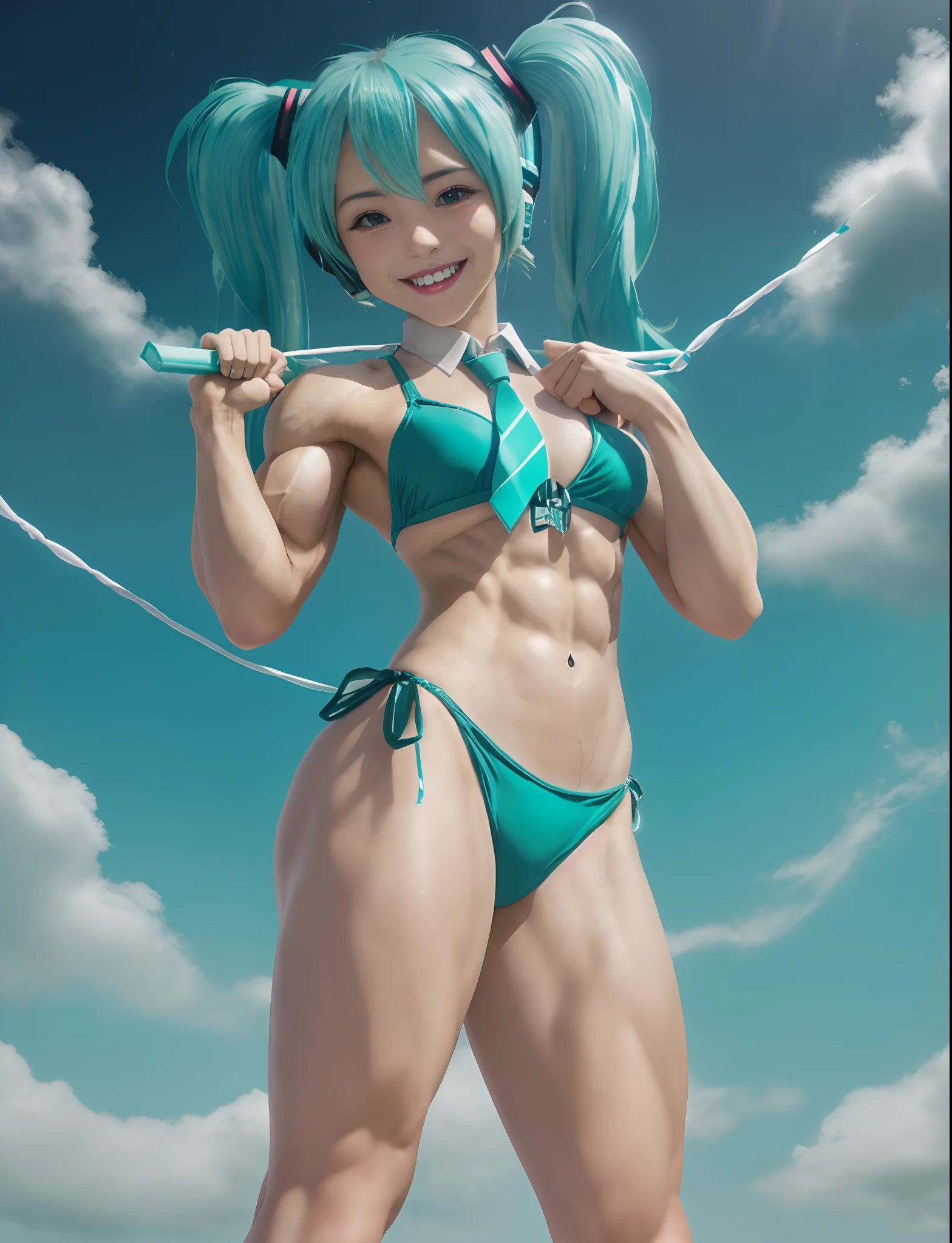 (((Hatsune Miku))), ((Female Bodybuilders)), Cute Girl,  girl, Big Tits, Smiling, String bikini, Super muscular body, Morning background, portrait of a full body, Full body like, ((bare-legged))