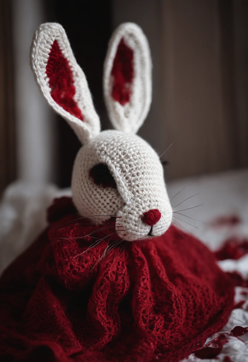 Blood stained crochet bunny, white room, corpse behind bunny, blood around corpse