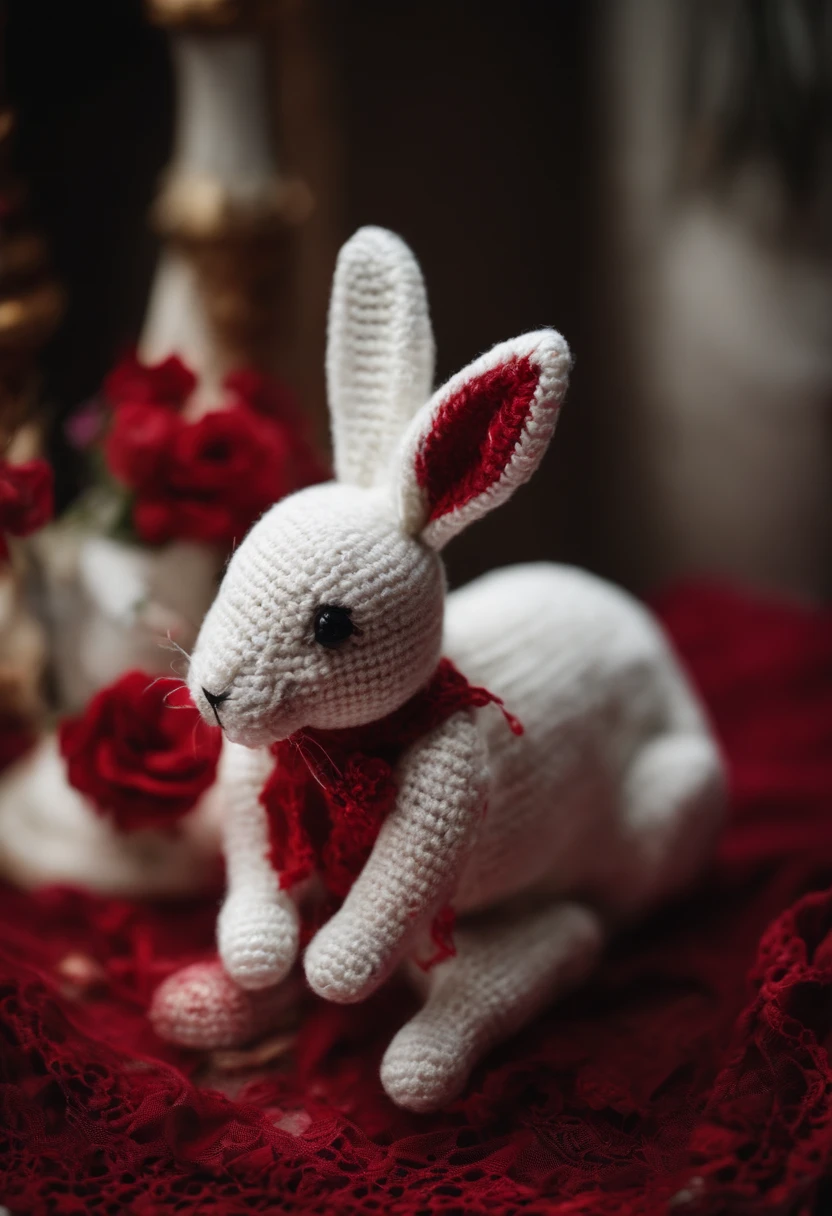 Blood stained crochet bunny, white room, corpse behind bunny, blood around corpse