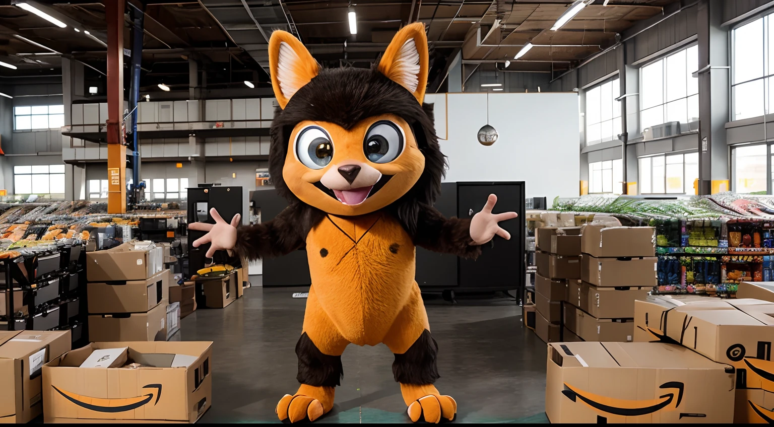 Generate me a wacky creature in the image of the company "Amazon". It has to act as nothing mascot