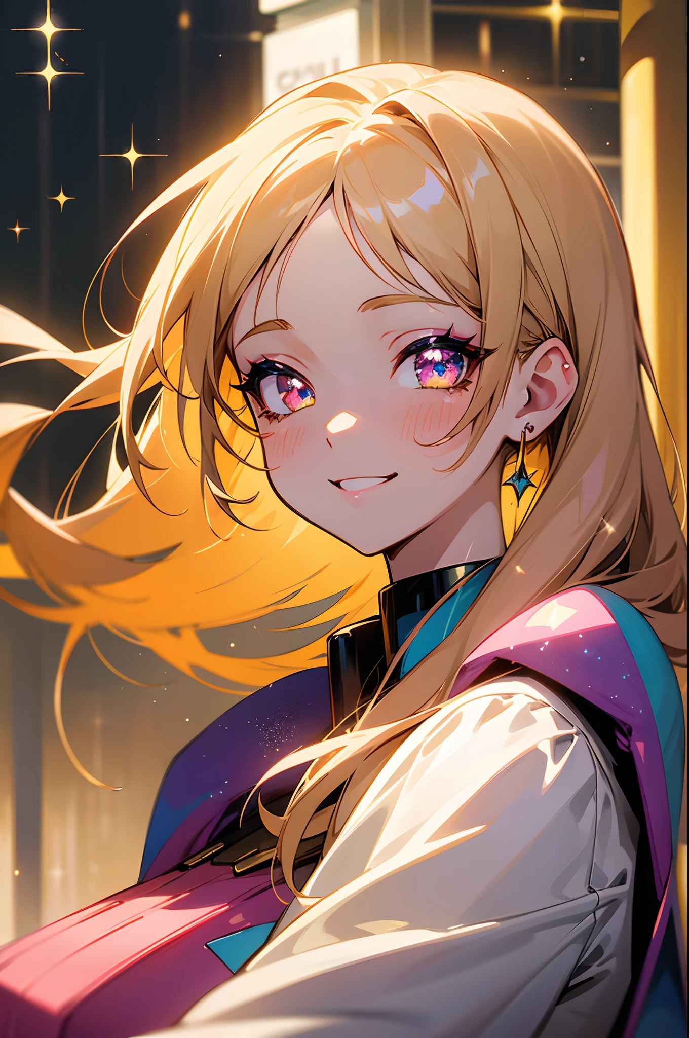 digital art, soft resolution, cute illustration, an anime girl, pretty face, pretty hair, shining eyes, looks cute and confident, grinning, Y2K face makeup, wearing Y2K outfit, (very glitter), wearing cute accessories, (very glitter), a little sexy outfit, half-body shot, night street background, depth of field, soft and cozy atmospheres