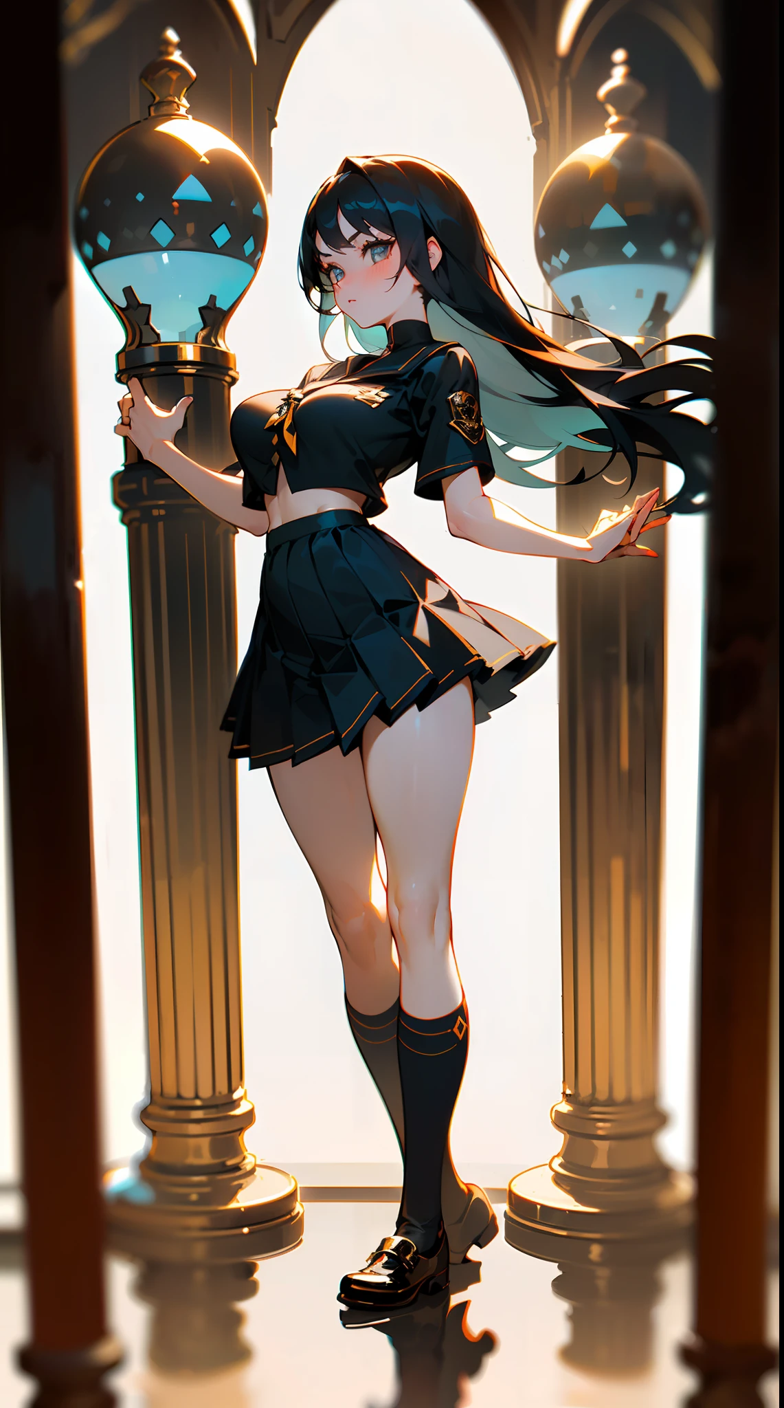 (best quality, Detailed background, depth of field, Volumetric lighting, sharp focus, Absurd, ultra-detailed), Photo of a young woman ((Beautiful, 25 years old, toned body, long black hair, detailed hourglass body, giant breasts:1.3, Detailed eyes, Perfect and detailed face, Loire, 2 hands, 2 arms)), (blusa escolar branca molhada desabotoada, Navy Pleated Ninskirt Upgrade, black knee-high-socks, SHOES:1.3), (1girl: nariz blush e, Babando, Desviando o olhar:1.1), (na sala de aula da meia-noite, luar ),