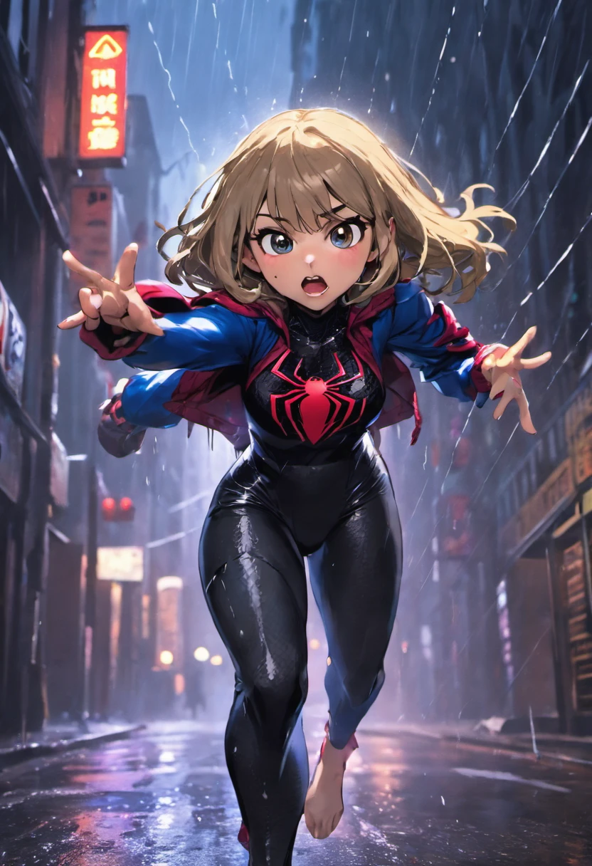 Closeup photographs, a teenage girl who is half mexican half white, has light tan skin, has curtain bangs and shoulder length hair, wearing black and blue spiderman suit and normal clothes in poses running, fighting stances, and doing peace sign, listening to music and more in a rain soaked street at night, photorealistic, cinematic lighting