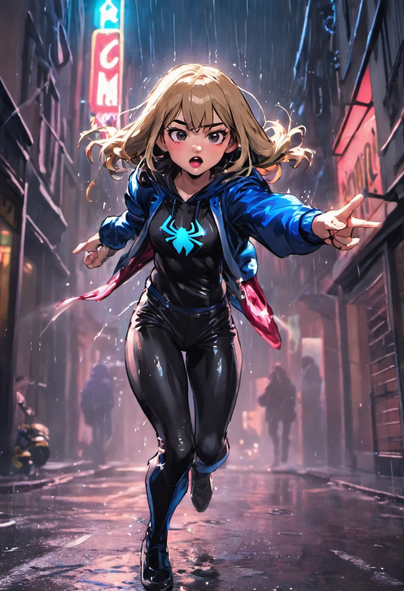Closeup photographs, a girl who is half mexican half white, has light tan skin, has curtain bangs and shoulder length hair, wearing black and blue spiderman suit and normal clothes in poses running, fighting stances, and doing peace sign, listening to music and more in a rain soaked street at night, photorealistic, cinematic lighting