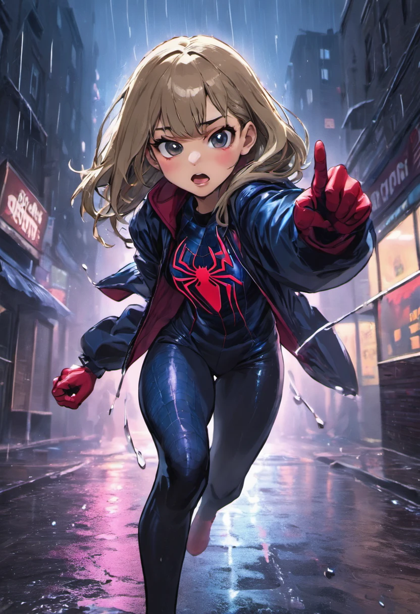 Closeup photographs, a teenage girl who is half mexican half white, has light tan skin, has curtain bangs and shoulder length hair, wearing black and blue spiderman suit and normal clothes in poses running, fighting stances, and doing peace sign, listening to music and more in a rain soaked street at night, photorealistic, cinematic lighting