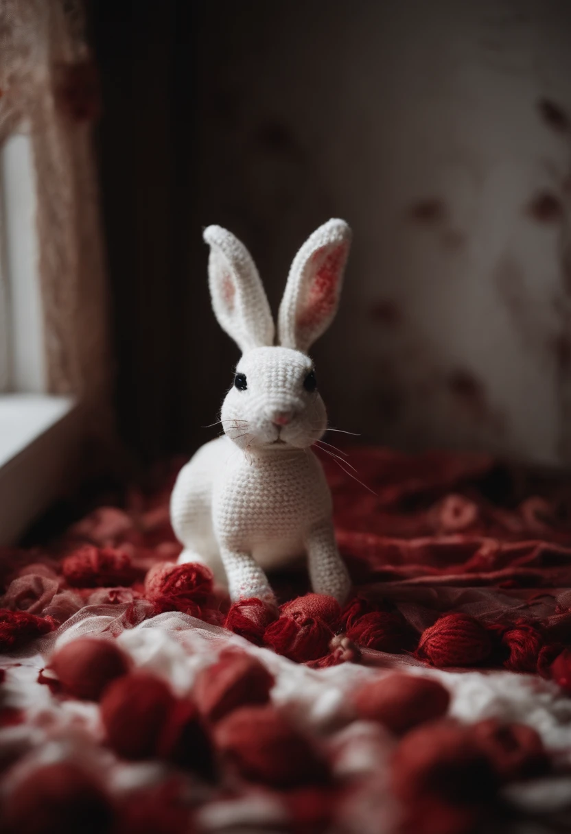 Blood stained crochet bunny, white room,
dead corpse behind bunny, blood around dead corpse