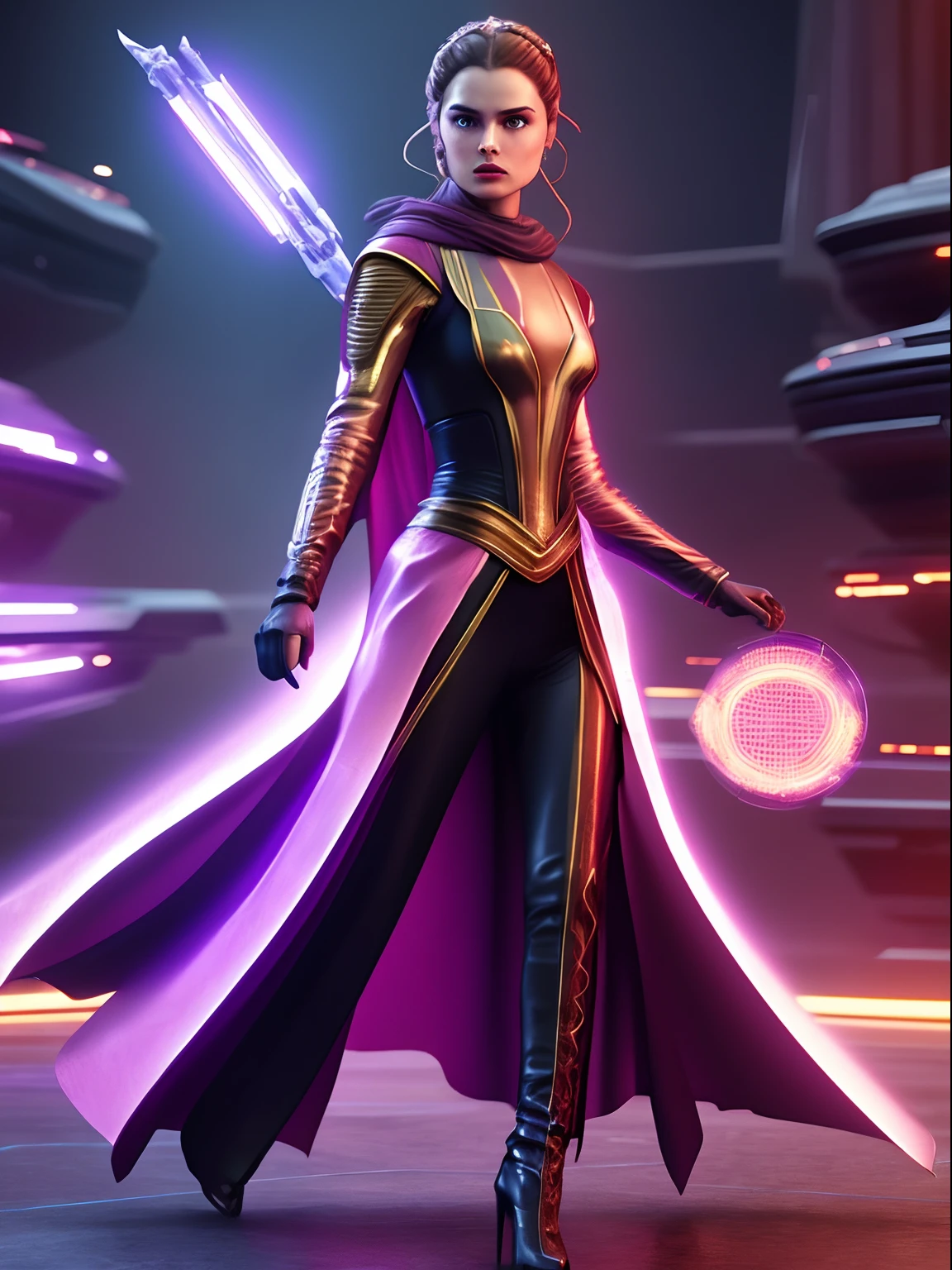 (masterpiece) Fast-paced action scene of Padme Amidala in the style shine rhinestone crystals, photorealistic scenes, detailed comic book arts, epic, rtx on, daz3d, animated illustrations, digital art techniques, intense full body, within a vibrant hologram.
