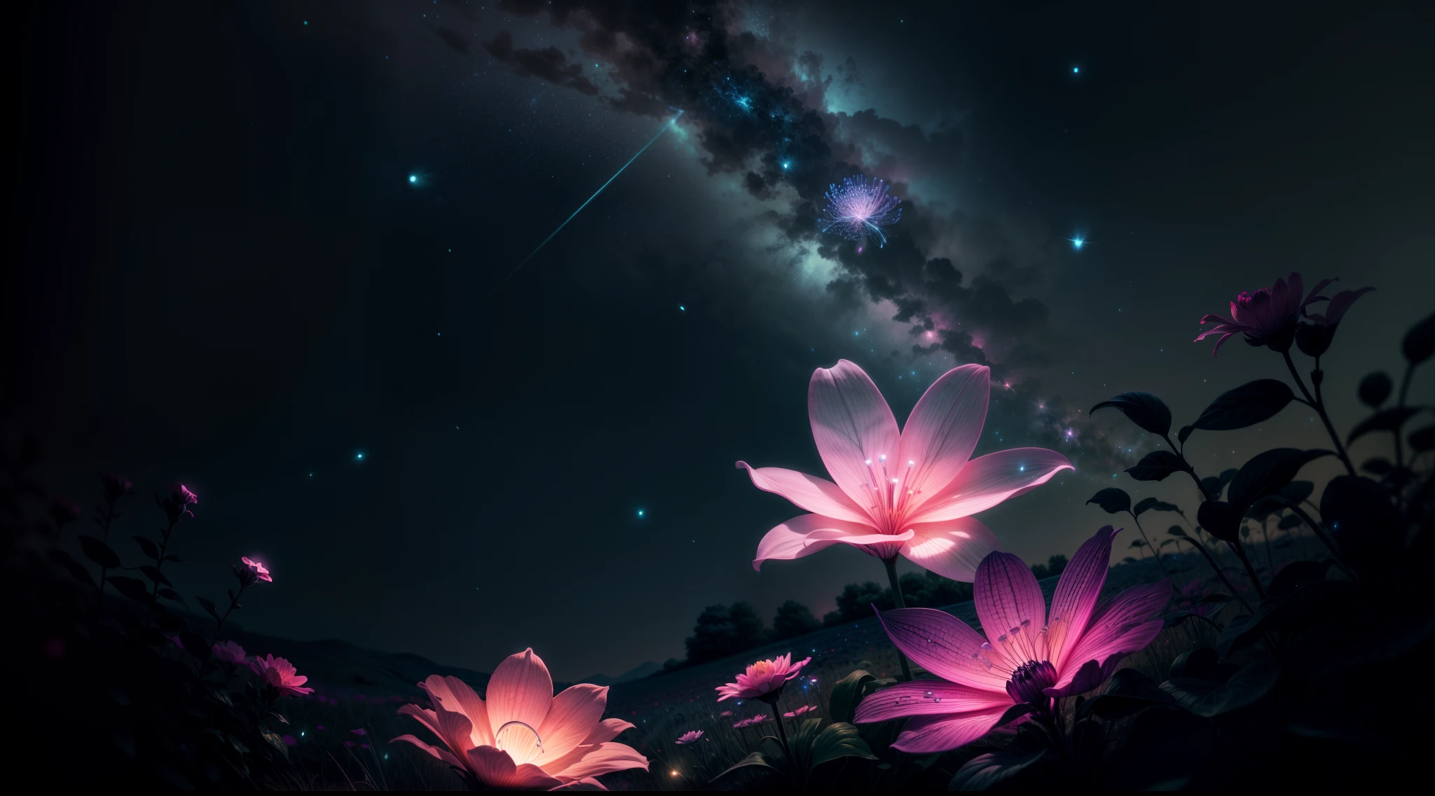 bioluminescence, pink flowers, night, sky, fireflies