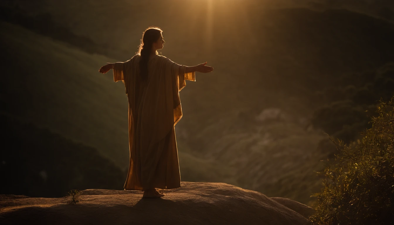 um anjo querubim de asas longas, que emana luz divina, um anjo de Deus que aparece a uma jovem mulher judia, it's a biblical passage,